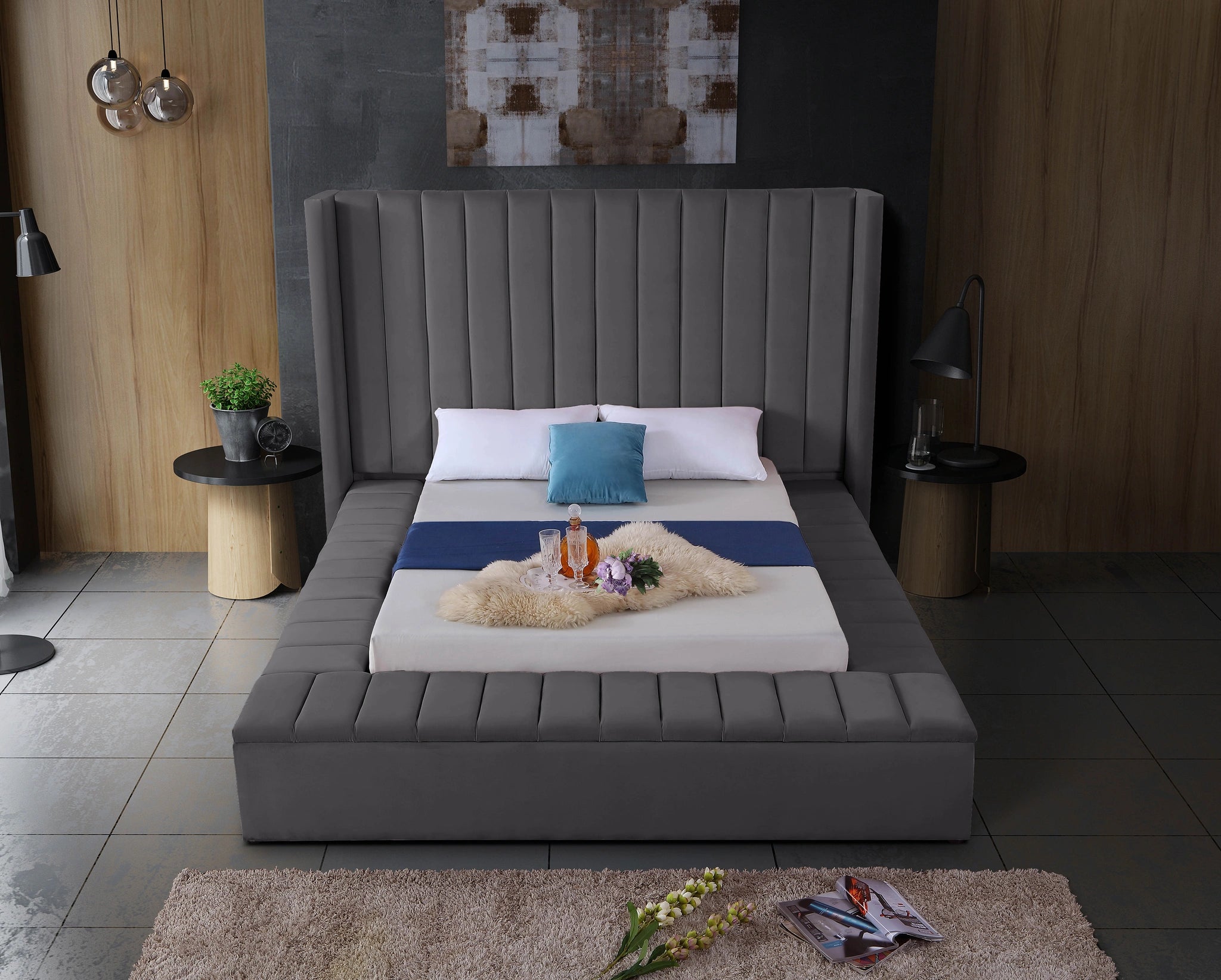 Kiki Grey Velvet Full Bed (3 Boxes)