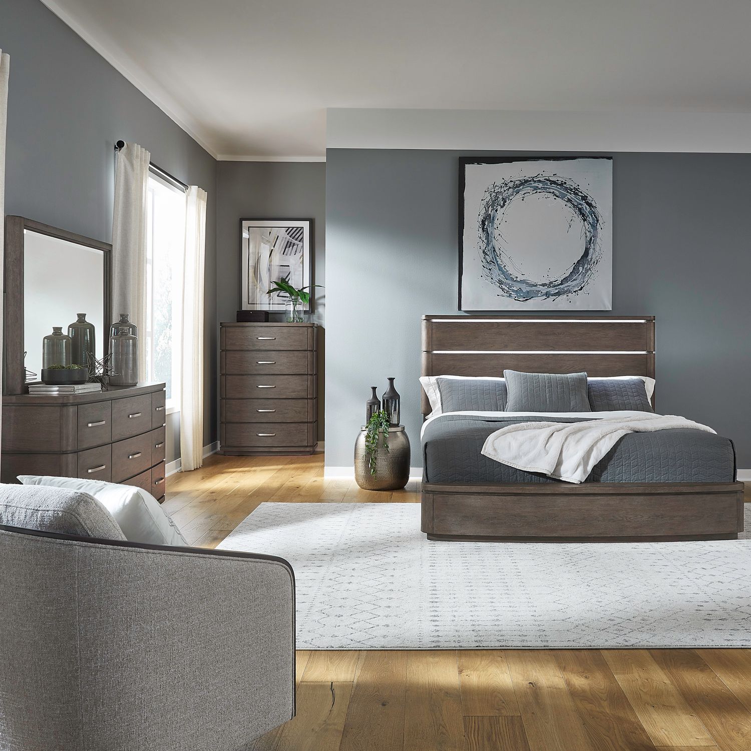 Cascade Falls Queen Panel Bed, Dresser & Mirror, Chest image