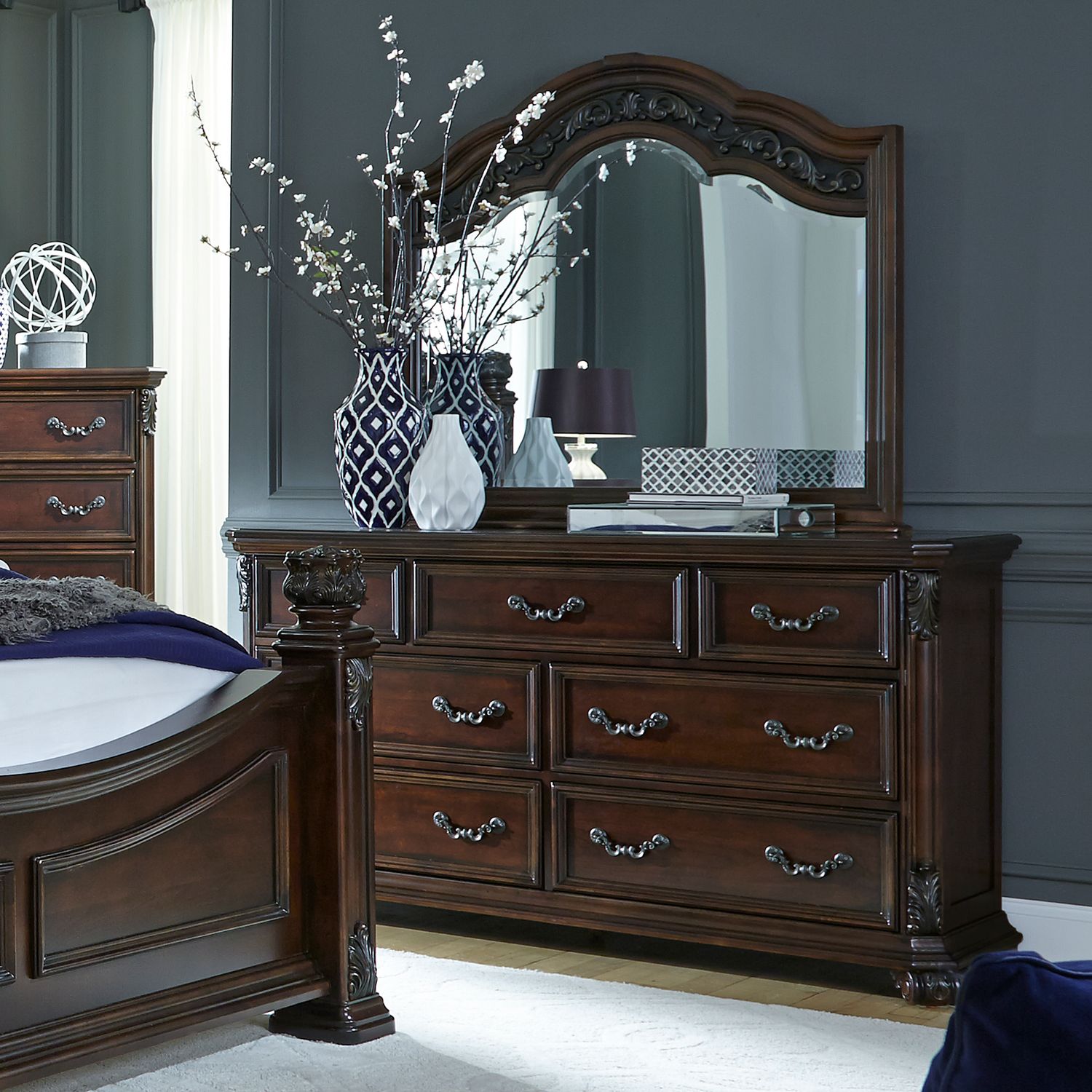 Messina Estates King Poster Bed, Dresser & Mirror, Night Stand