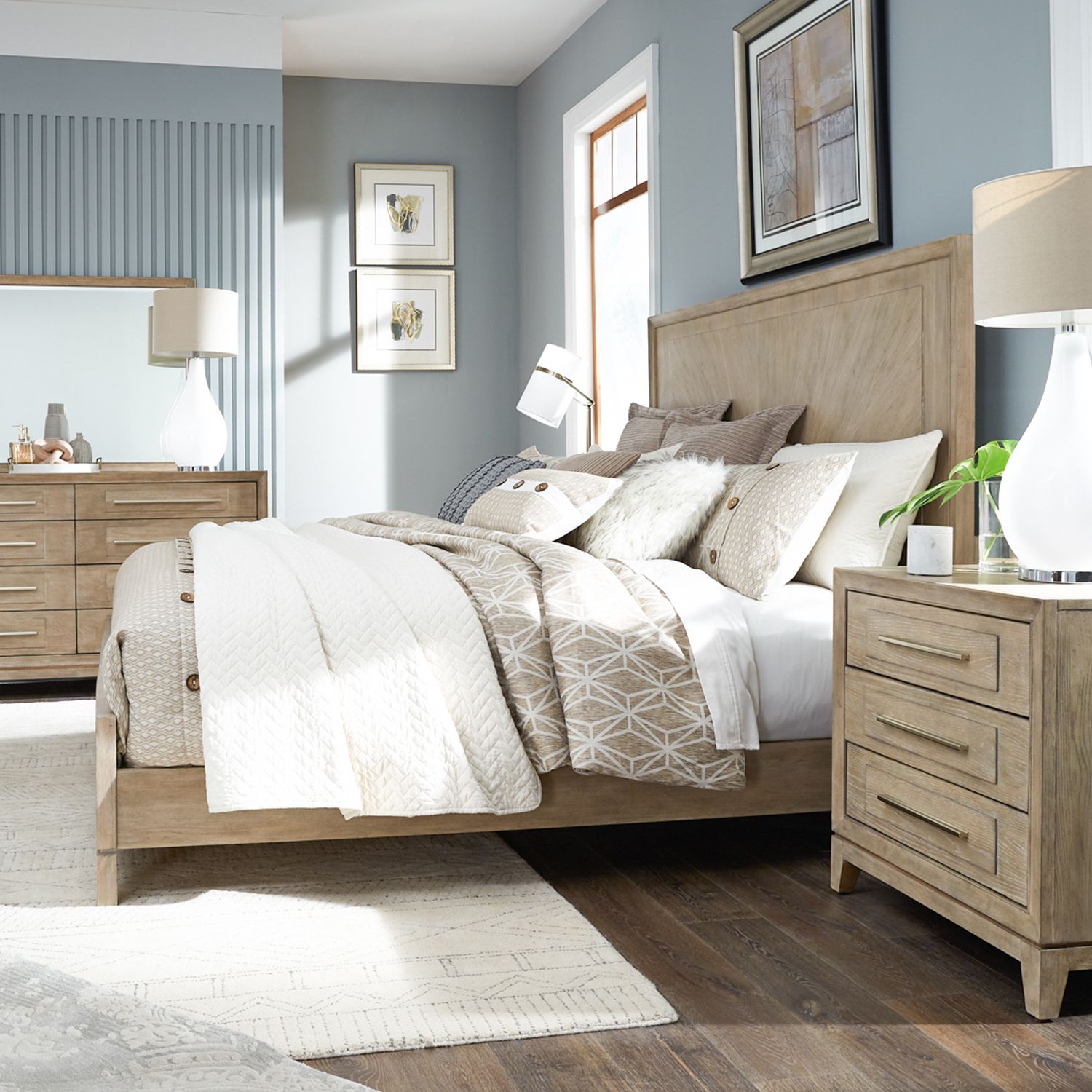 Brentwood King California Panel Bed, Dresser & Mirror, Night Stand