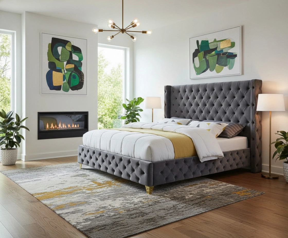 Savan Grey Velvet Queen Bed