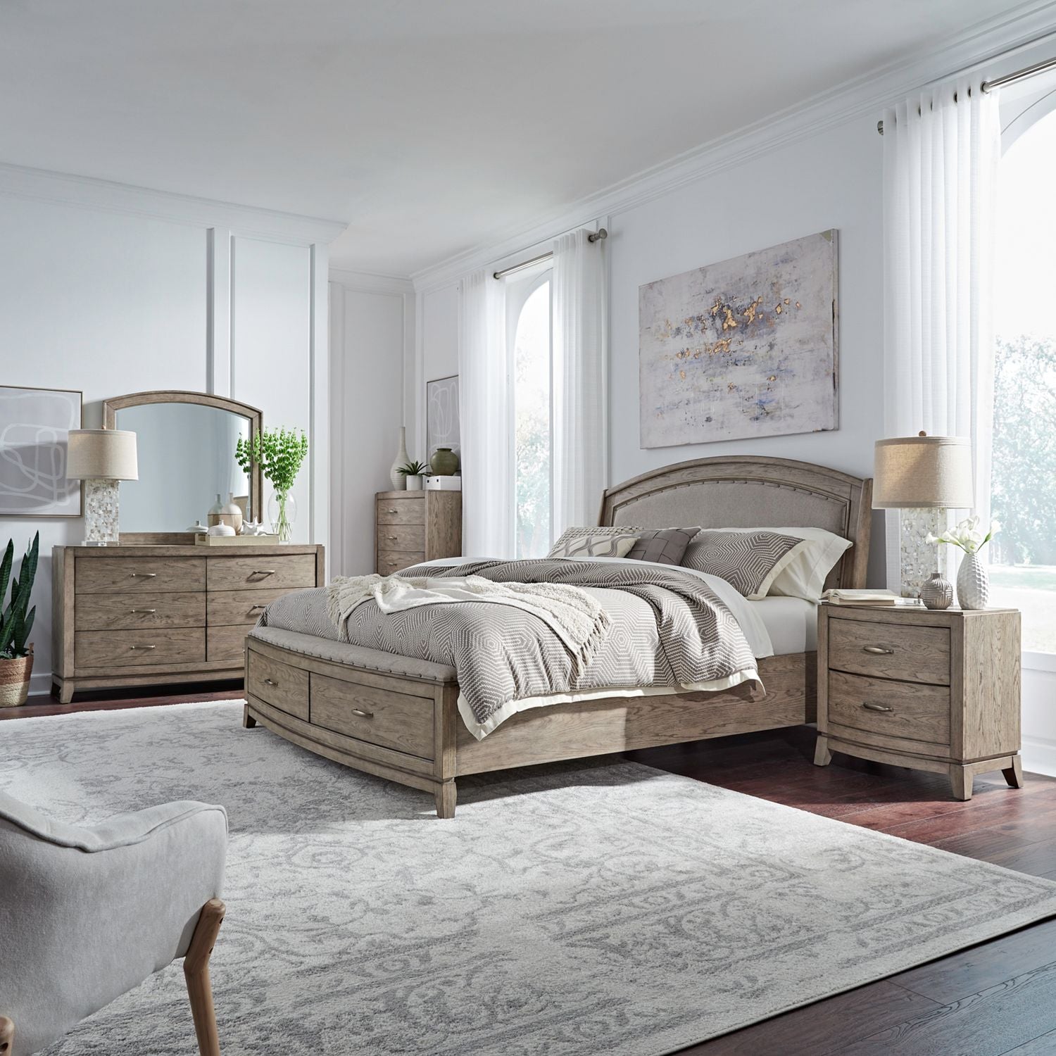 Avalon King California Uph Storage Bed, Dresser & Mirror, Chest, Night Stand image