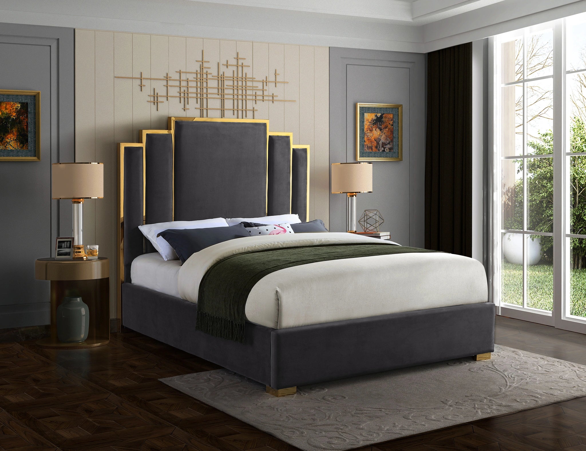 Hugo Grey Velvet Queen Bed