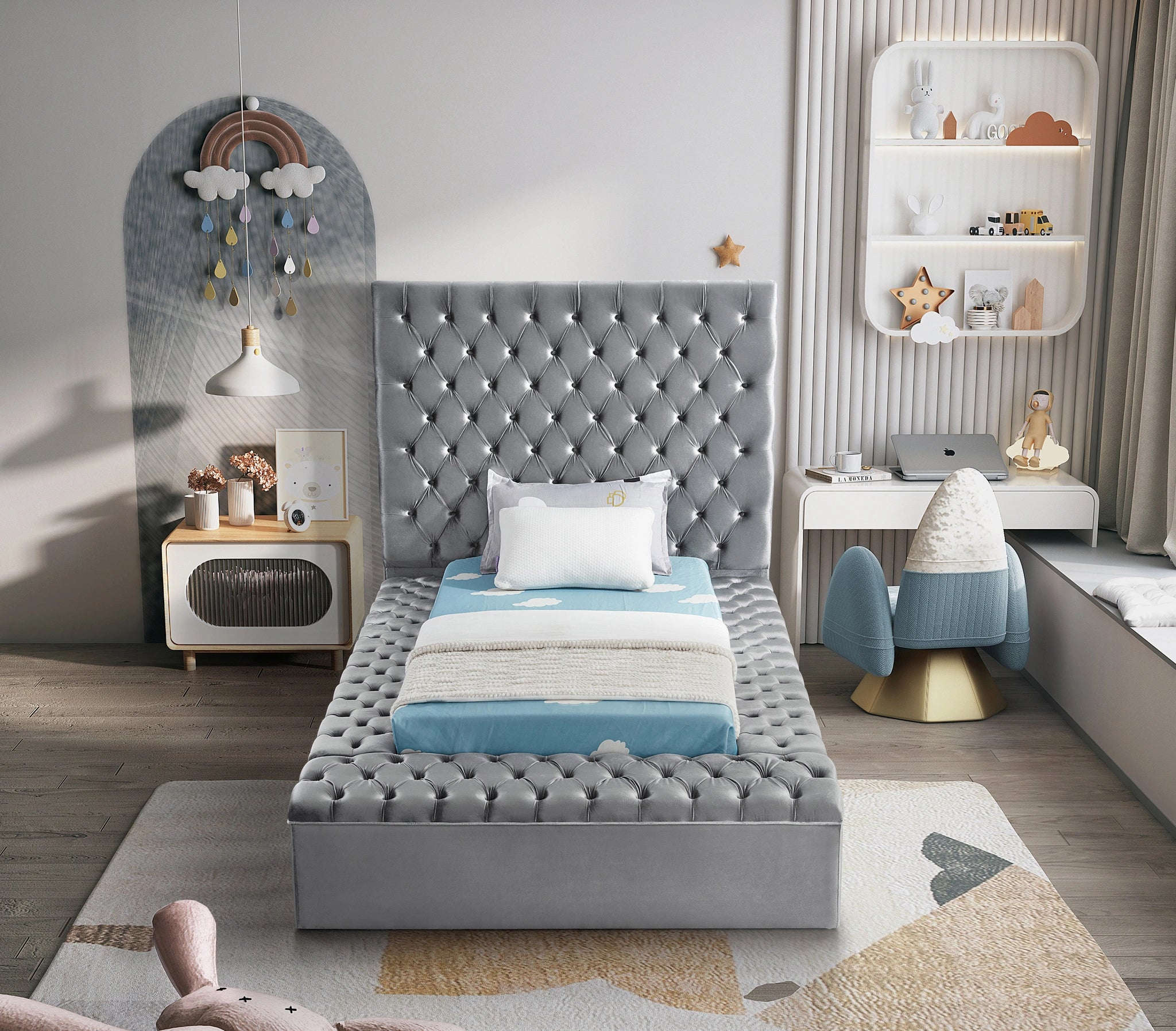 Bliss Grey Velvet Twin Bed (3 Boxes)