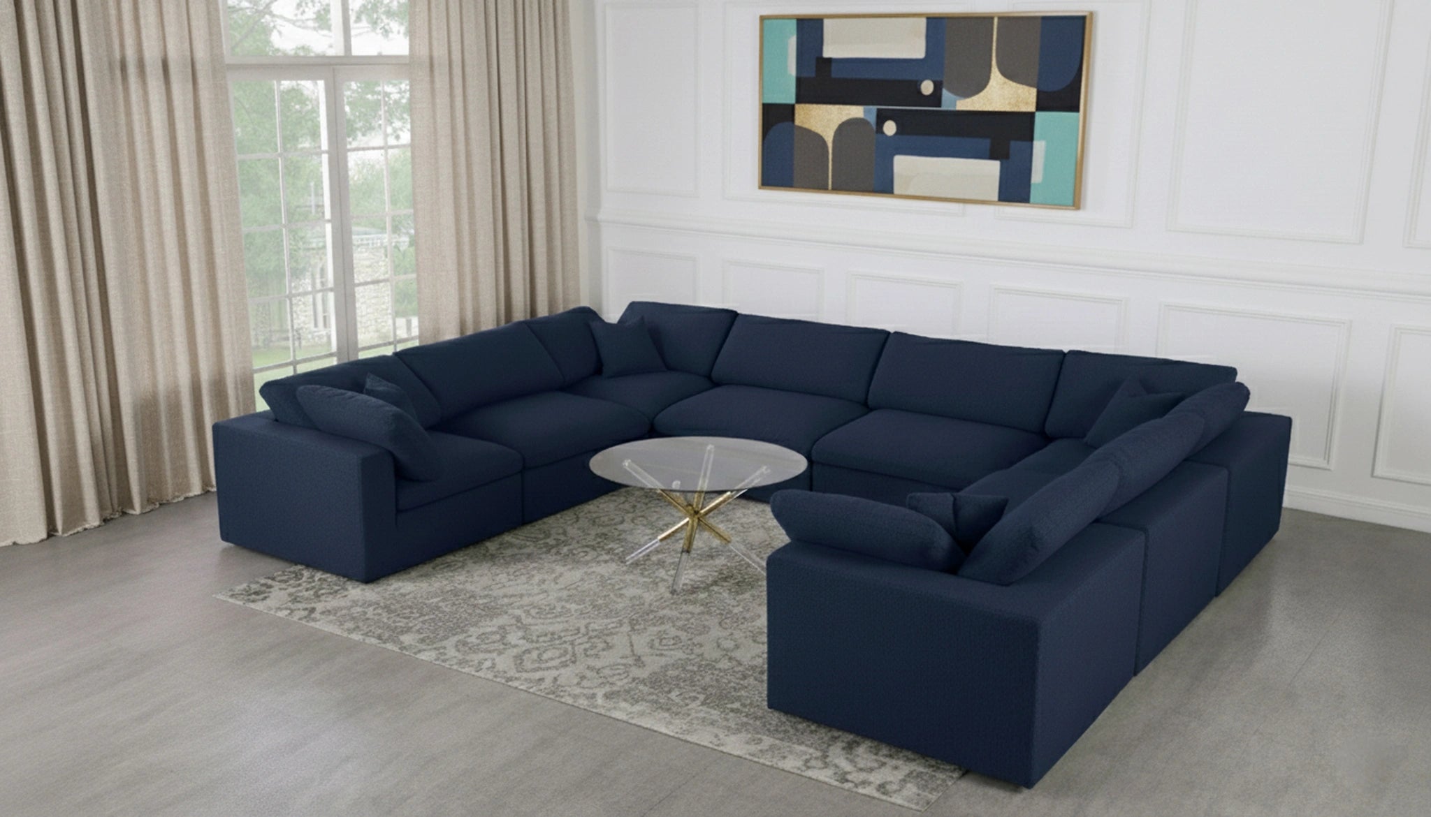 Serene Navy Linen Fabric Deluxe Cloud Modular Sectional