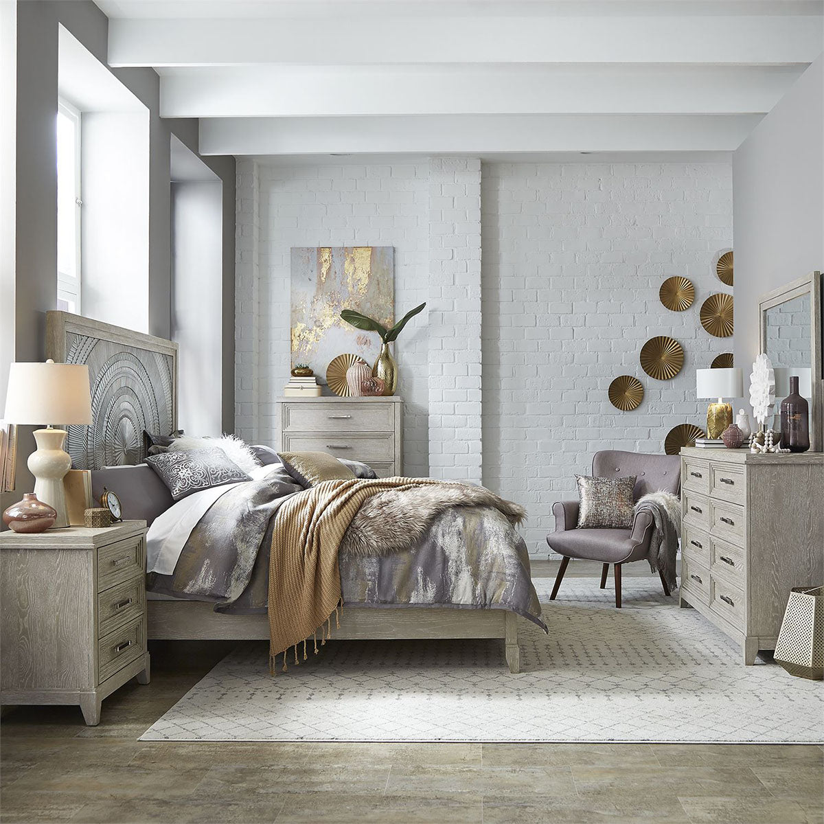 Liberty Furniture Belmar King Panel Bed in Washed Taupe and Silver Champagne - Luxury Home Furniture (MI)