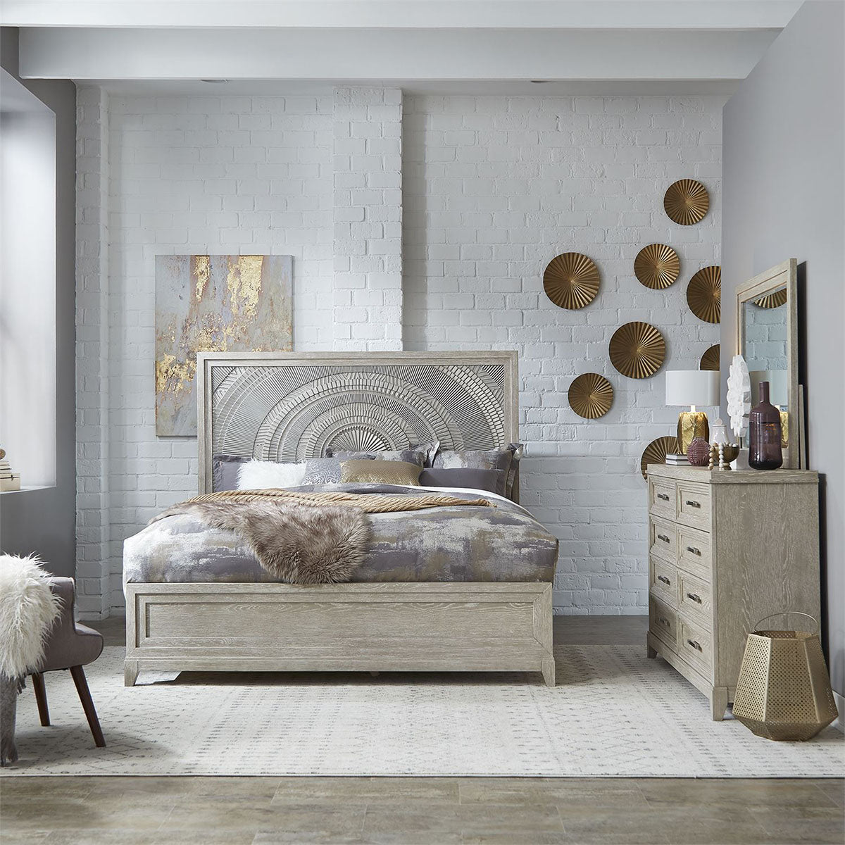 Liberty Furniture Belmar Cal King Panel Bed in Washed Taupe and Silver Champagne