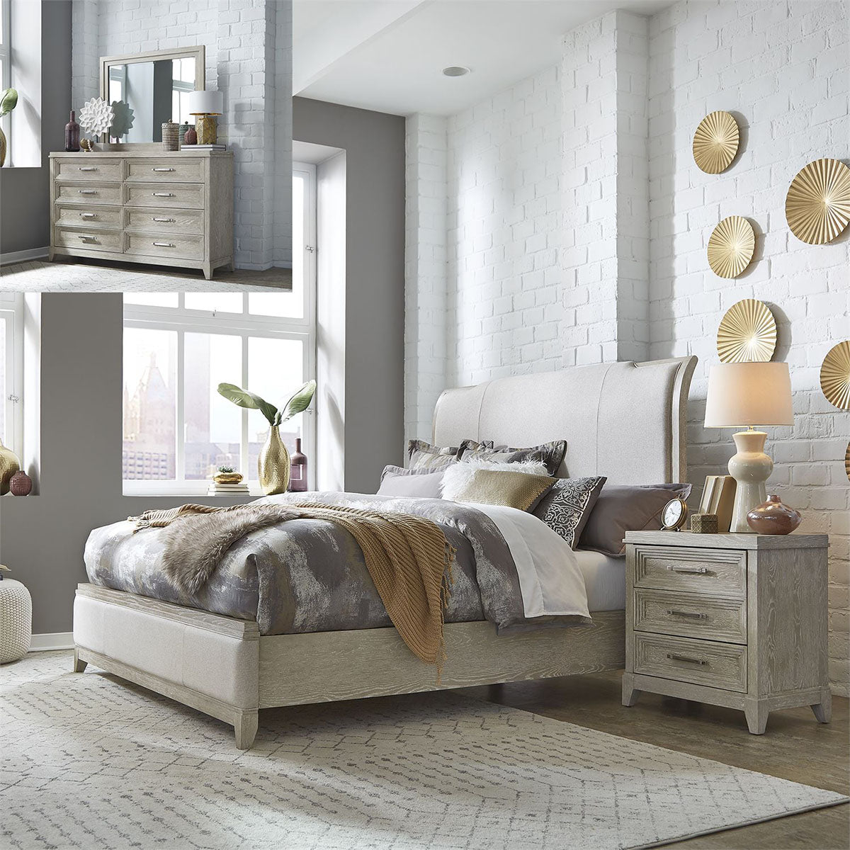 Liberty Furniture Belmar King Upholstered Sleigh Bed in Washed Taupe and Silver Champagne - Luxury Home Furniture (MI)