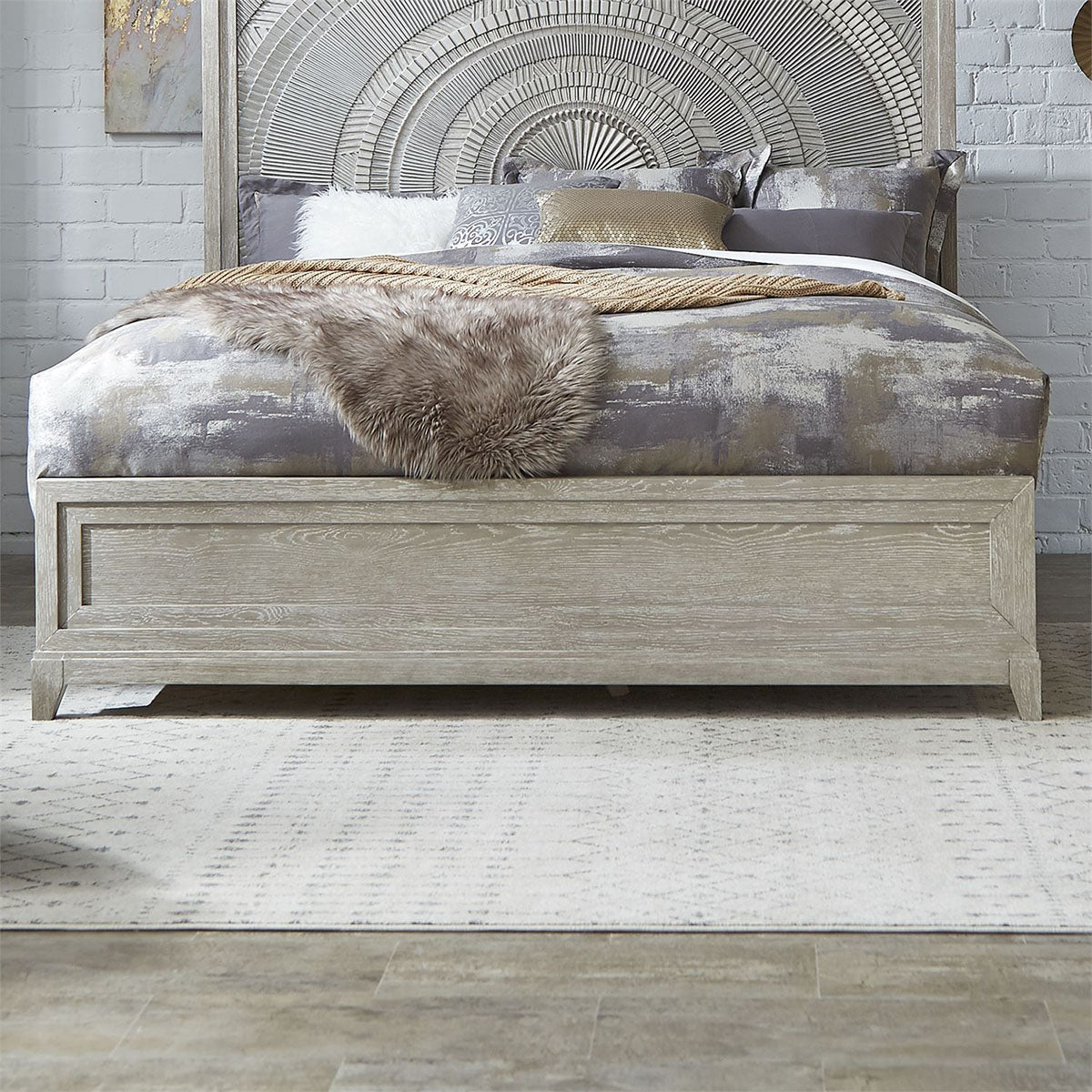 Liberty Furniture Belmar Cal King Panel Bed in Washed Taupe and Silver Champagne