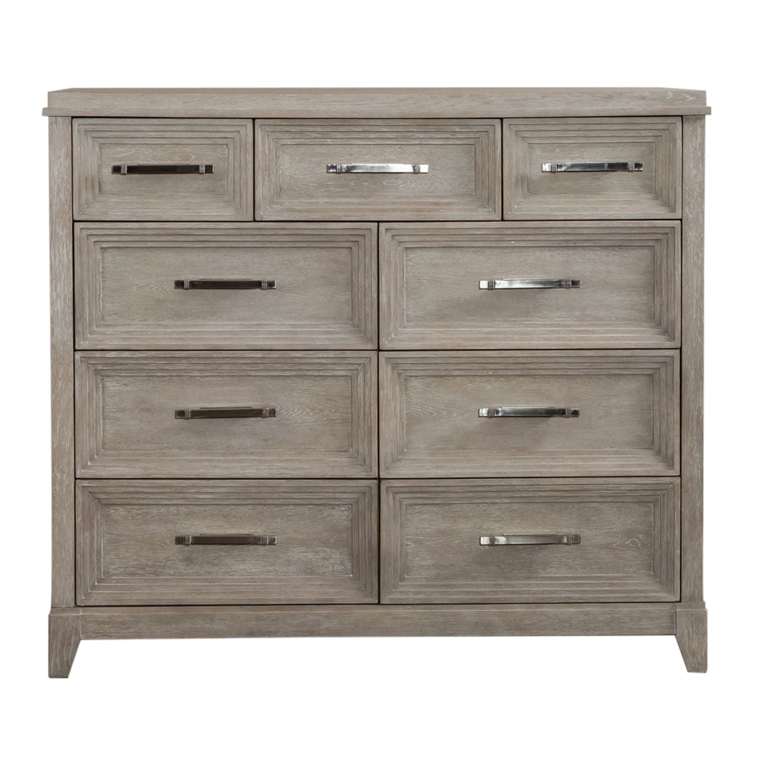Belmar 9 Drawer Bureau Dresser in Washed Taupe and Silver Champagne