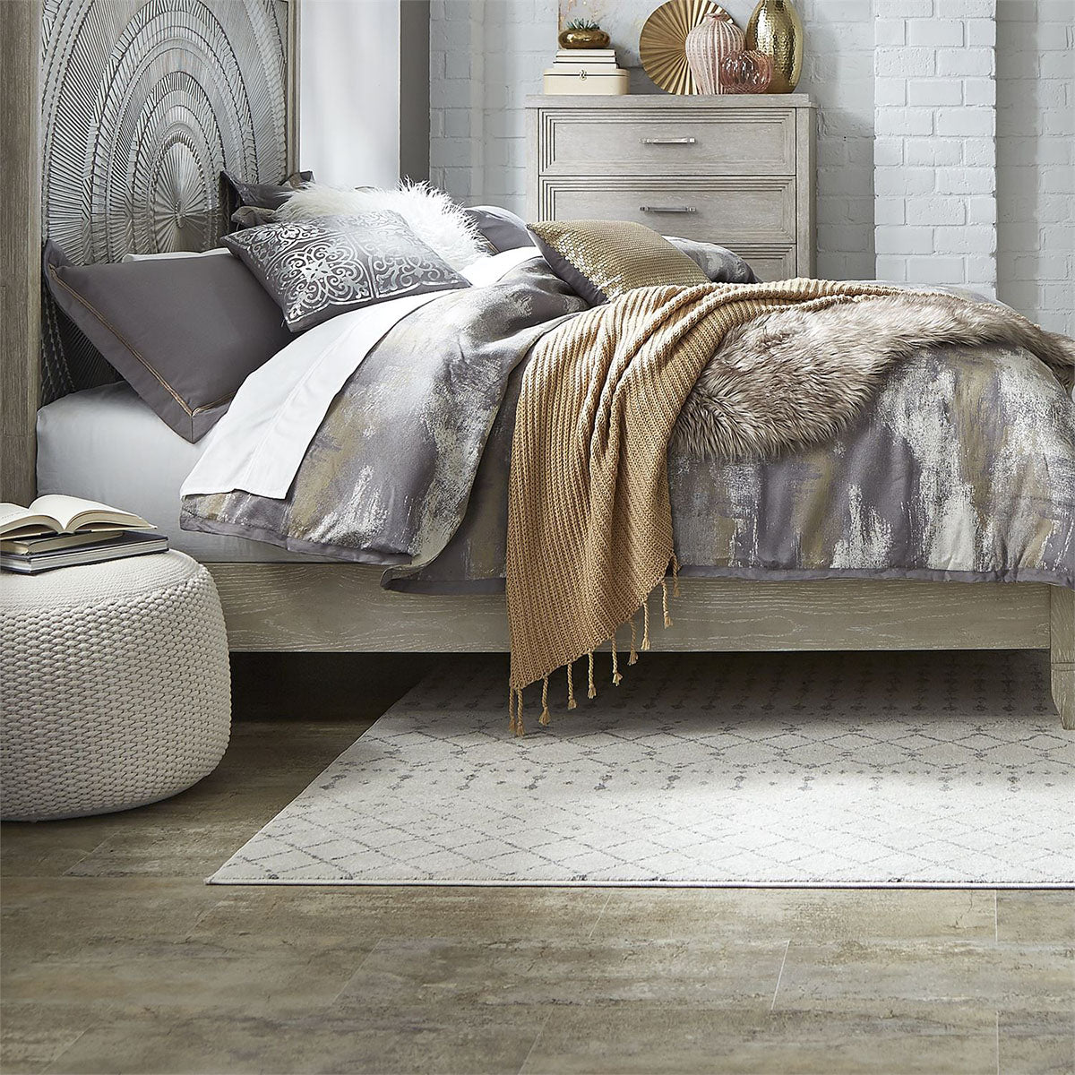 Liberty Furniture Belmar King Panel Bed in Washed Taupe and Silver Champagne - Luxury Home Furniture (MI)