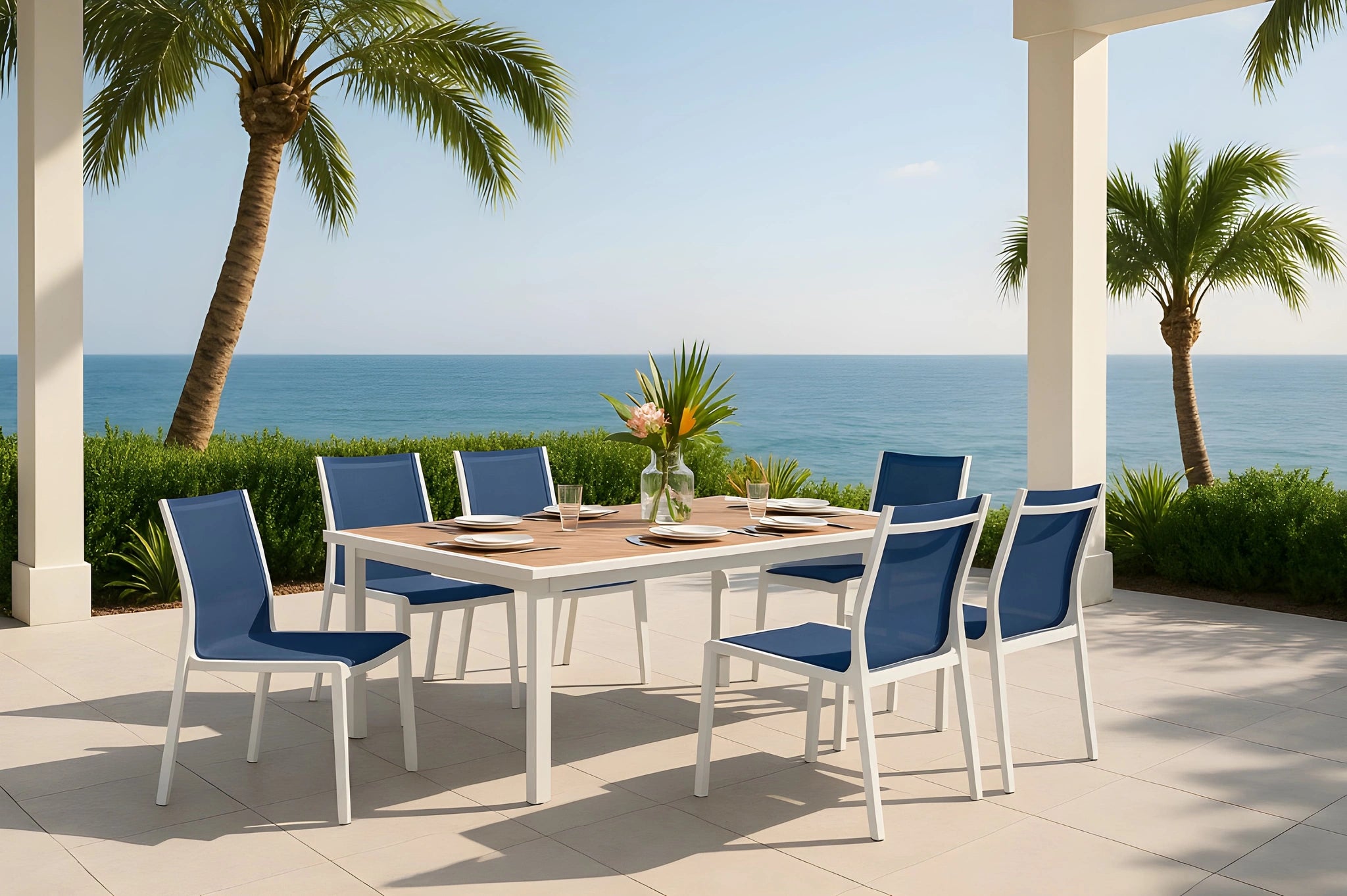 Nizuc Navy Mesh Waterproof Fabric Outdoor Patio Aluminum Mesh Dining Chair