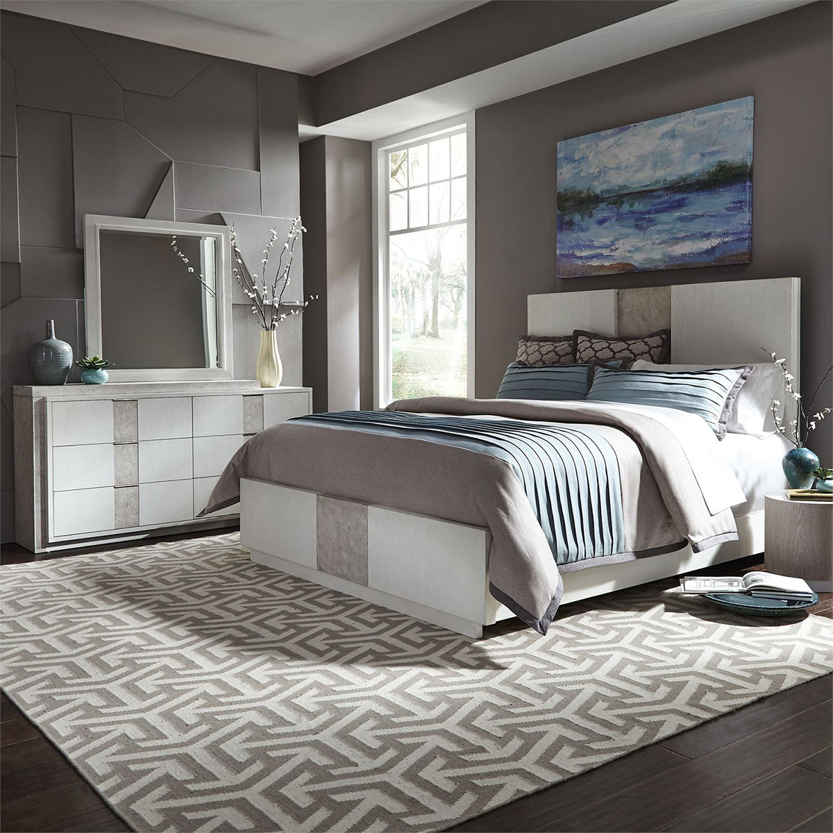 Liberty Furniture Mirage King Travertine Panel Bed in Wirebrushed White