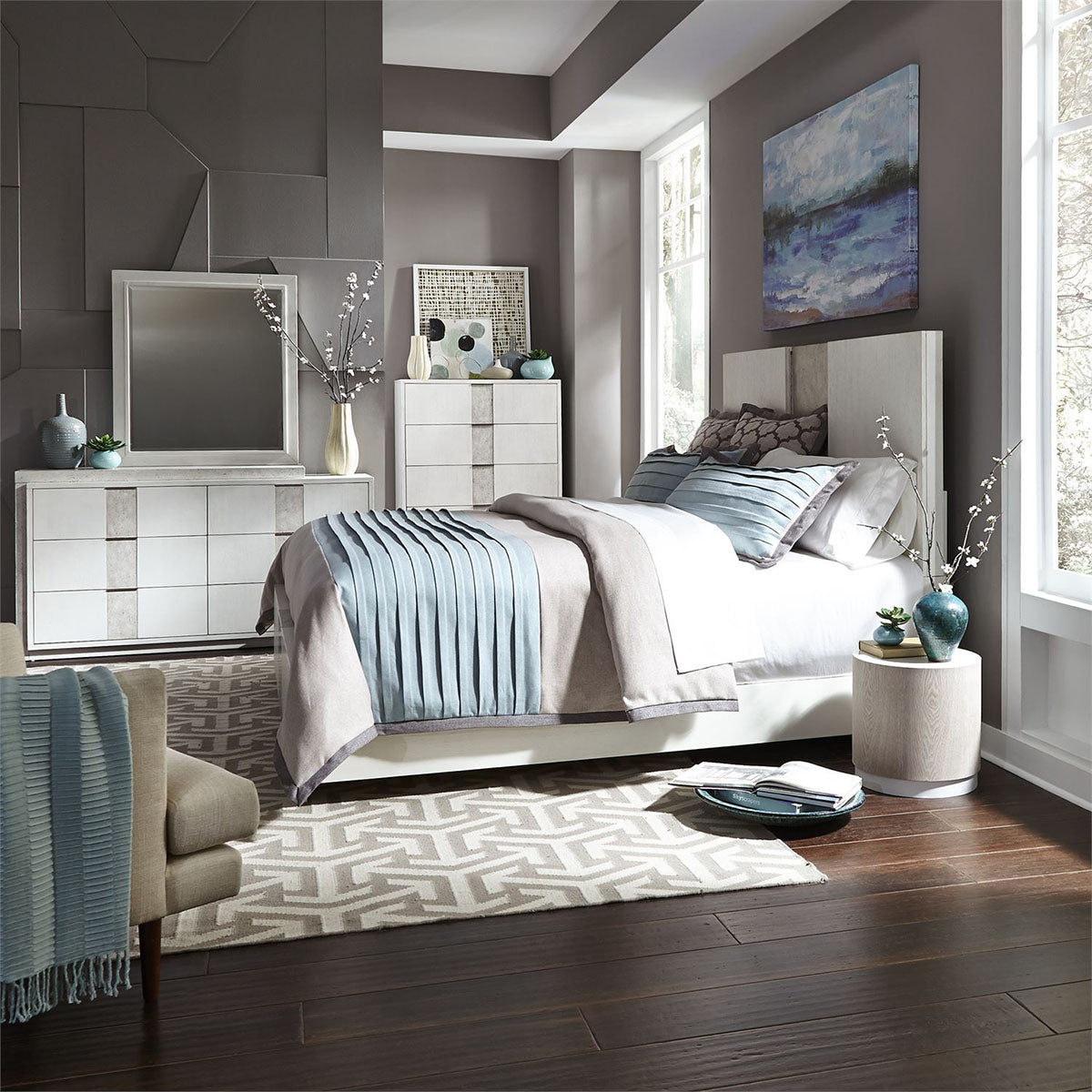 Liberty Furniture Mirage Cal King Travertine Panel Bed in Wirebrushed White