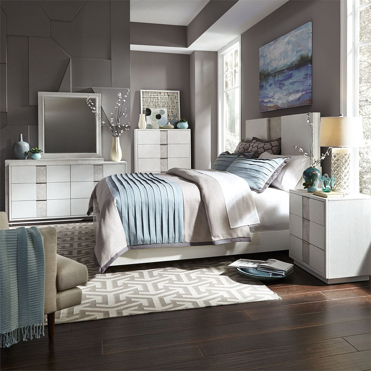 Liberty Furniture Mirage Cal King Travertine Panel Bed in Wirebrushed White
