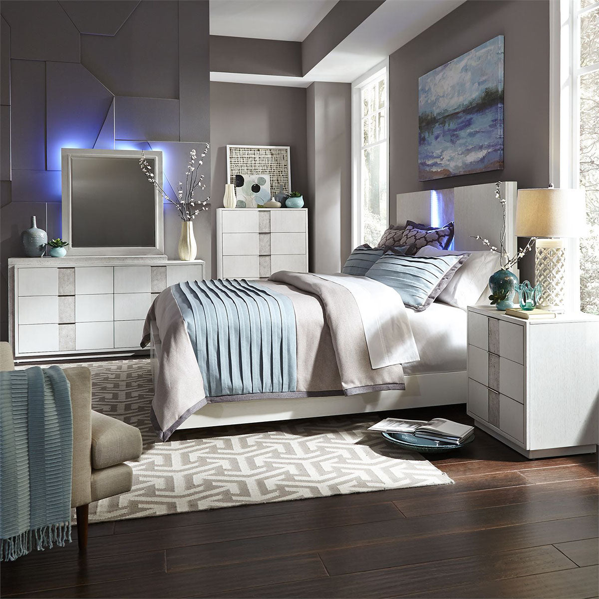 Liberty Furniture Mirage Cal King Travertine Panel Bed in Wirebrushed White