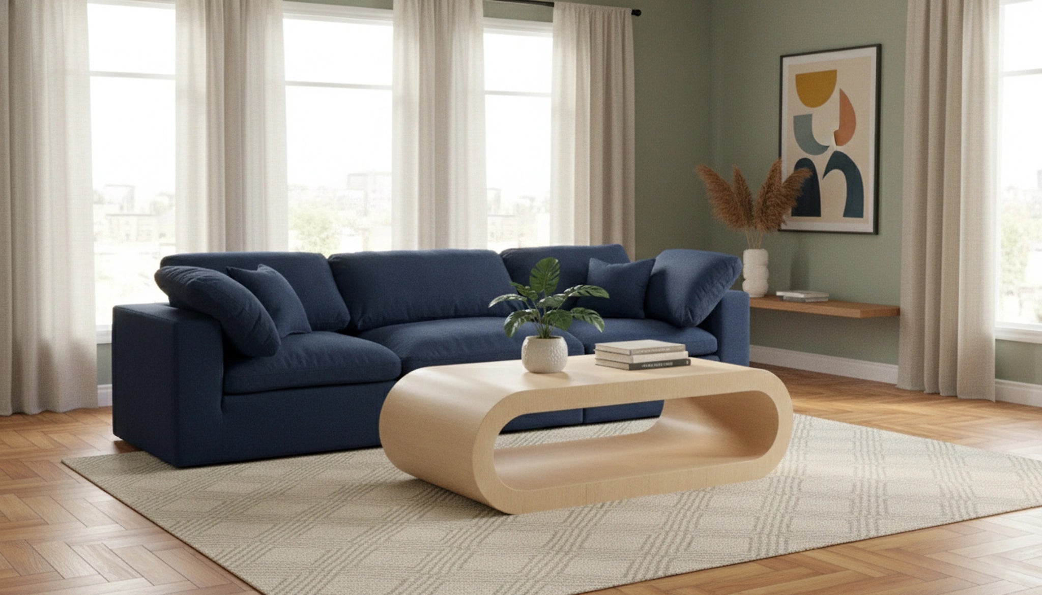 Serene Navy Linen Fabric Deluxe Cloud Modular Sofa