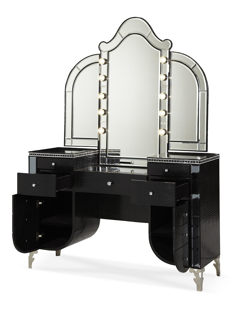 Hollywood Swank Upholstered Vanity in Black Iguana