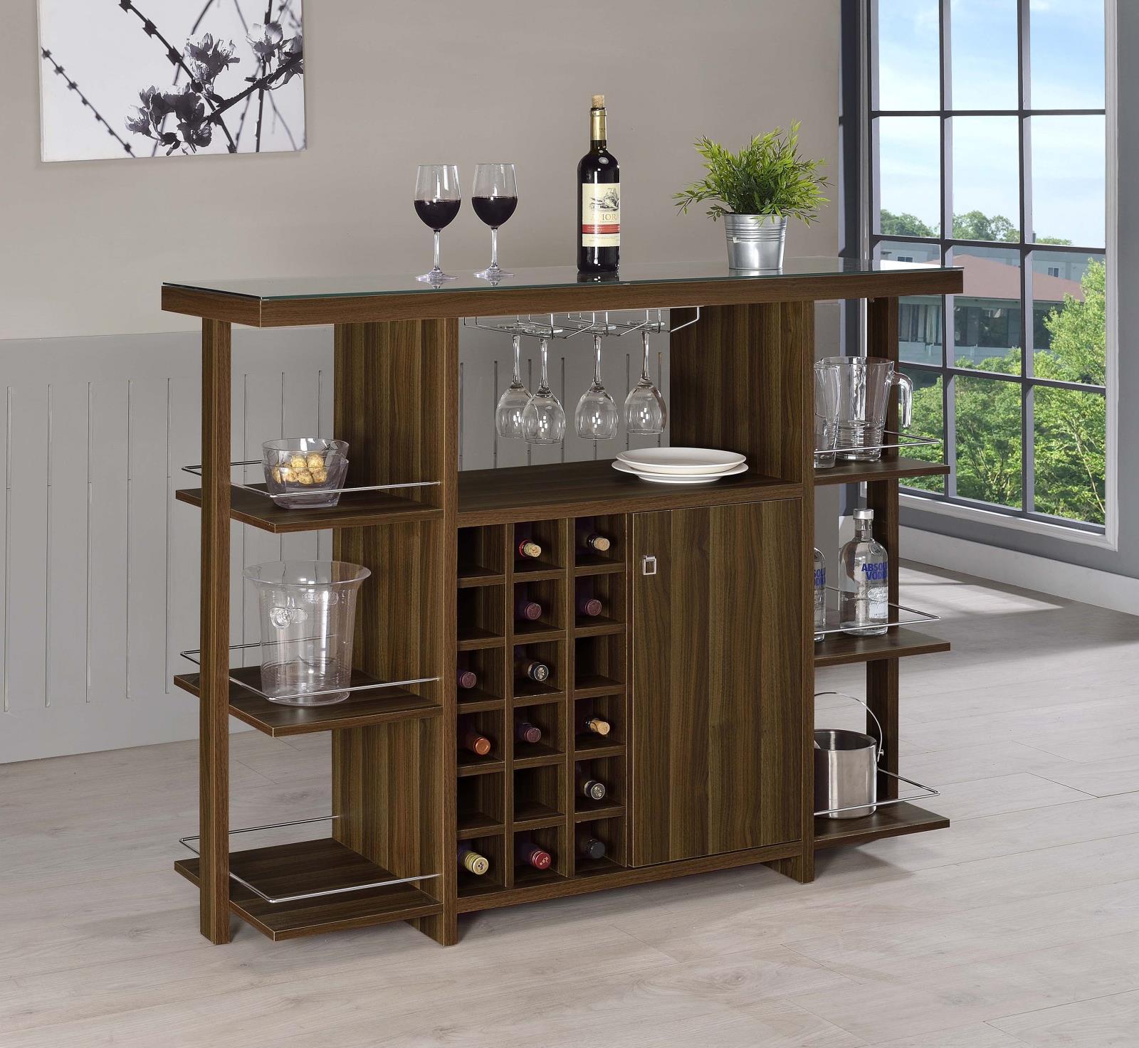 Evelio Bar Unit with Wine Bottle Storage Walnut - Luxury Home Furniture (MI)