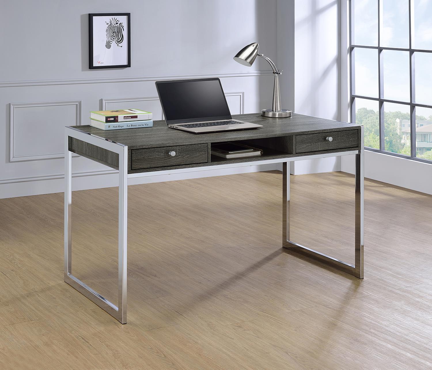 Wallice 2-drawer Writing Desk Weathered Grey and Chrome - Luxury Home Furniture (MI)