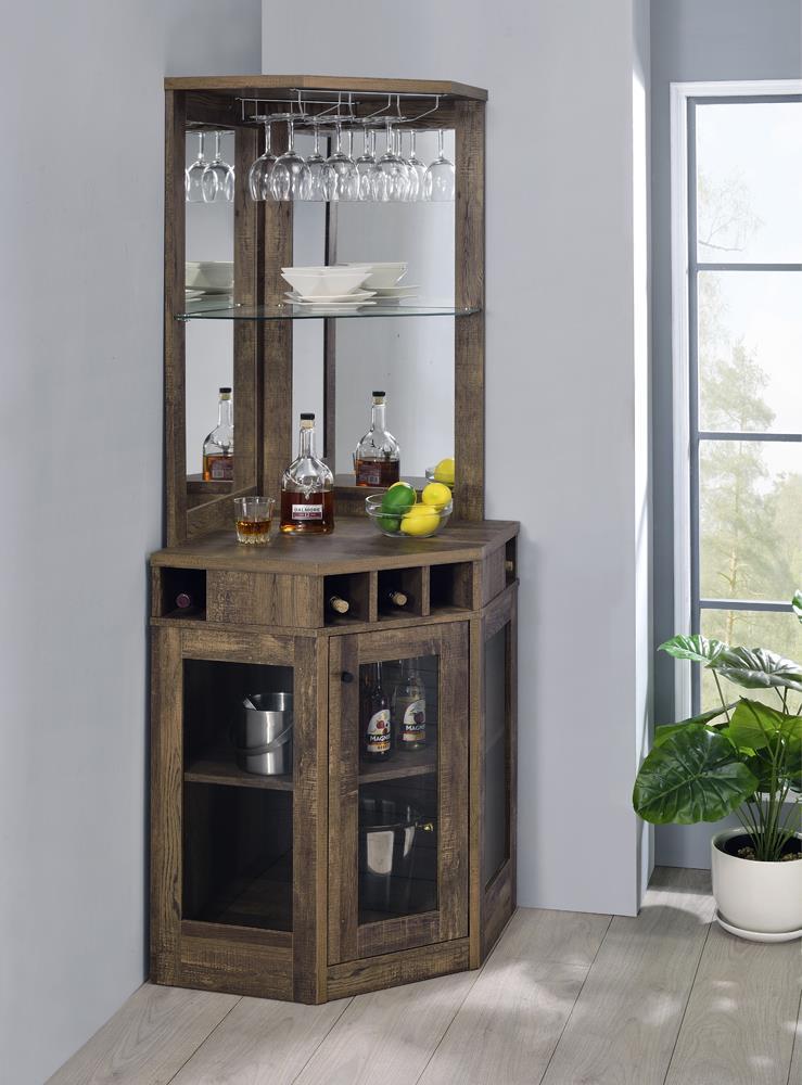 Alviso Corner Bar Cabinet with Stemware Rack Rustic Oak - Luxury Home Furniture (MI)