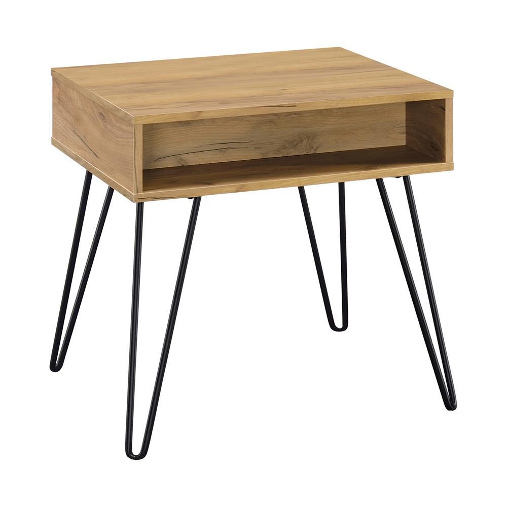 Fanning Square End Table with Open Compartment Golden Oak and Black - Luxury Home Furniture (MI)