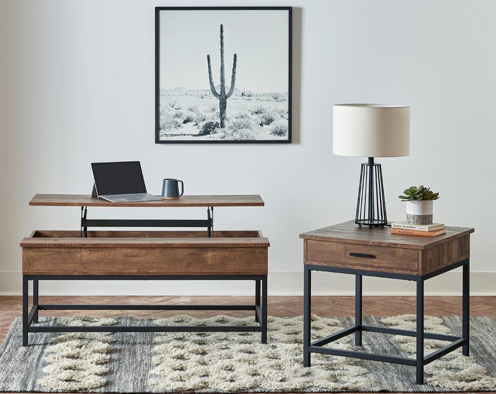 Byers Black Coffee Table with Hidden Storage Brown Oak and Sandy Black - Luxury Home Furniture (MI)