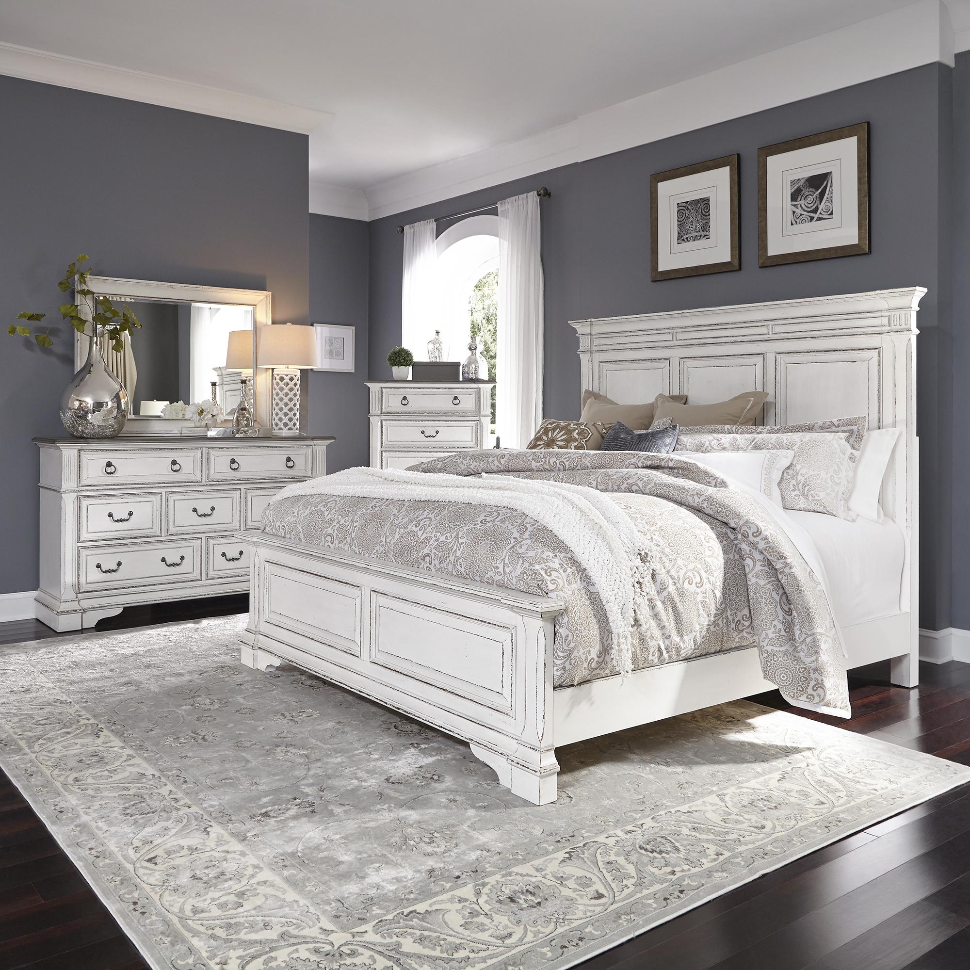 Abbey Park Queen Panel Bed, Dresser & Mirror, Chest