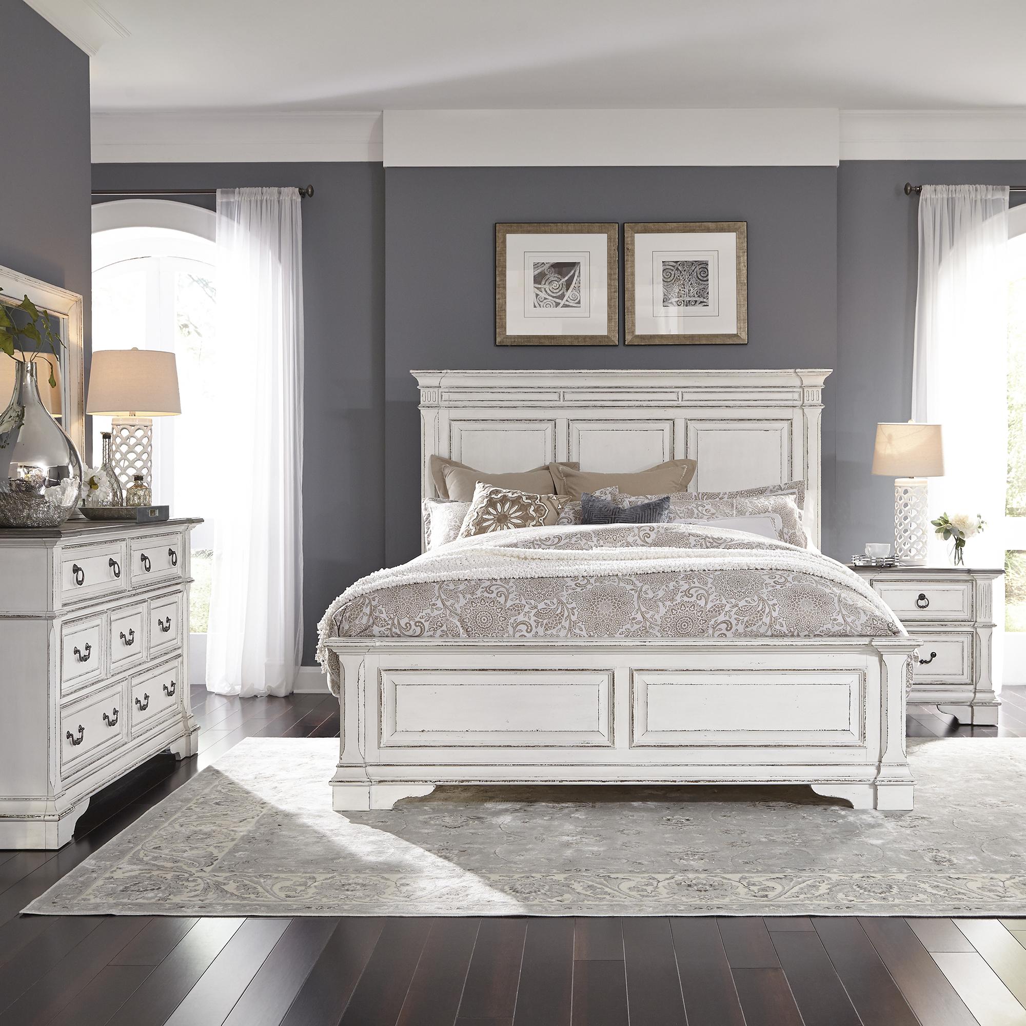 Abbey Park Queen Panel Bed, Dresser & Mirror, Nightstand