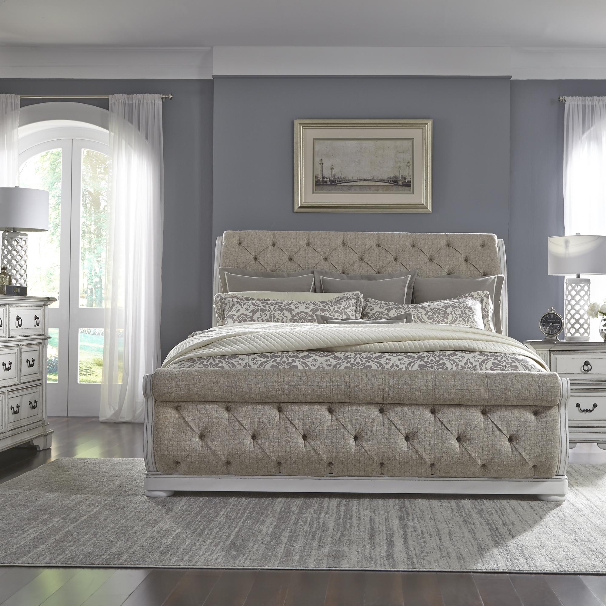 Abbey Park King Uph Sleigh Bed, Dresser & Mirror, Nightstand