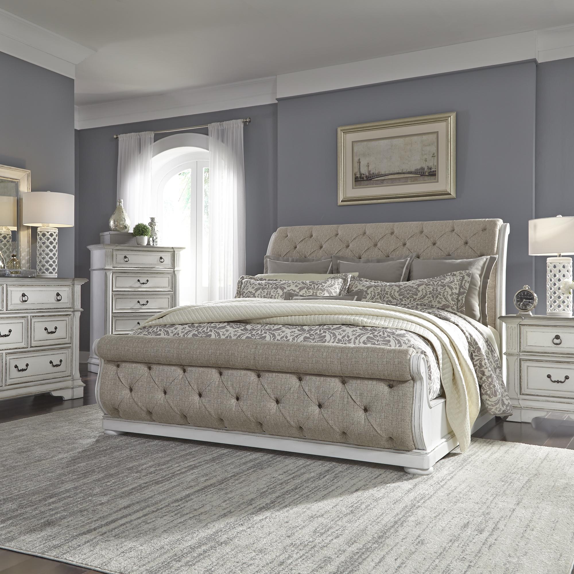 Abbey Park Queen Uph Sleigh Bed, Dresser & Mirror, Chest, Nightstand