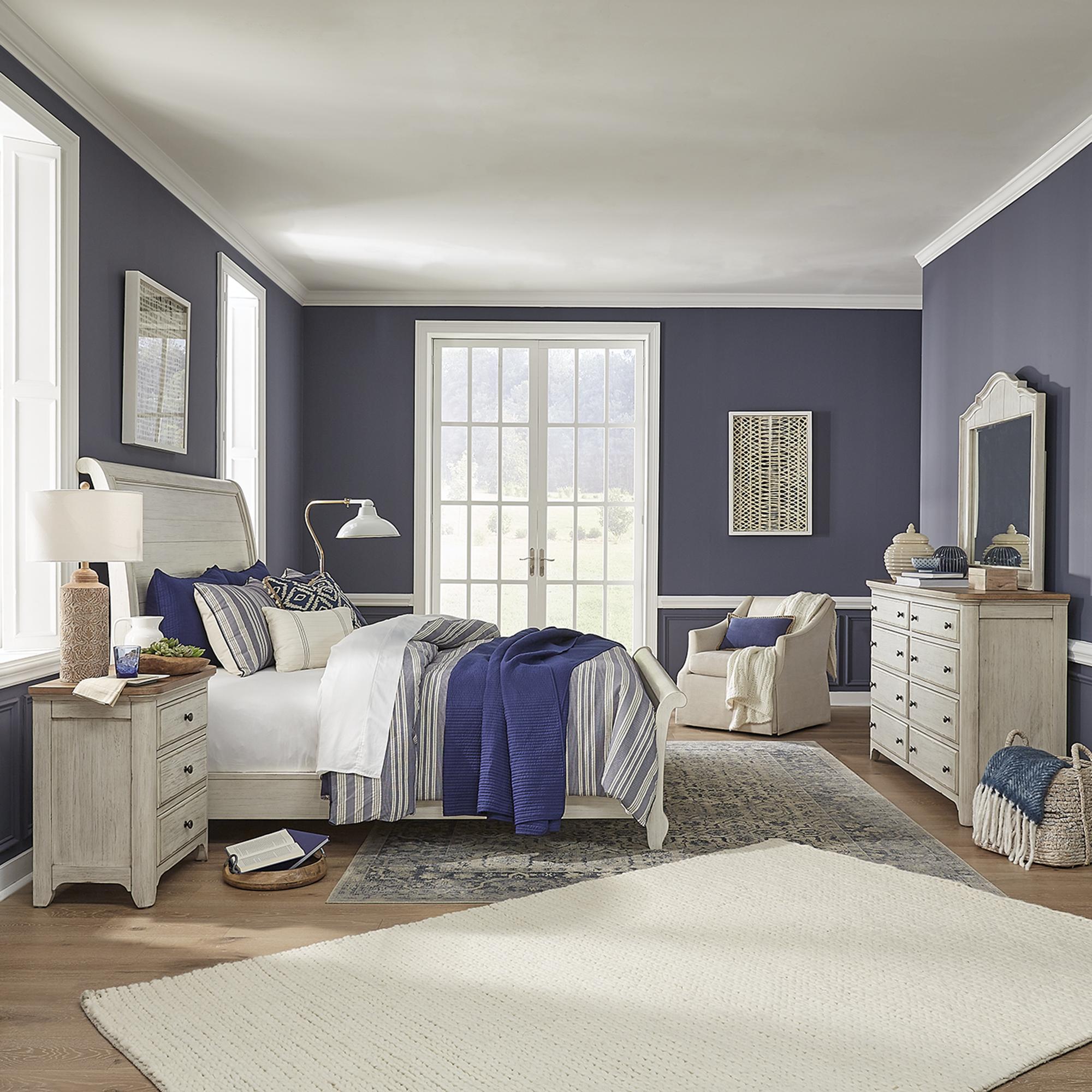 Farmhouse Reimagined Queen Sleigh Bed, Dresser & Mirror, Nightstand