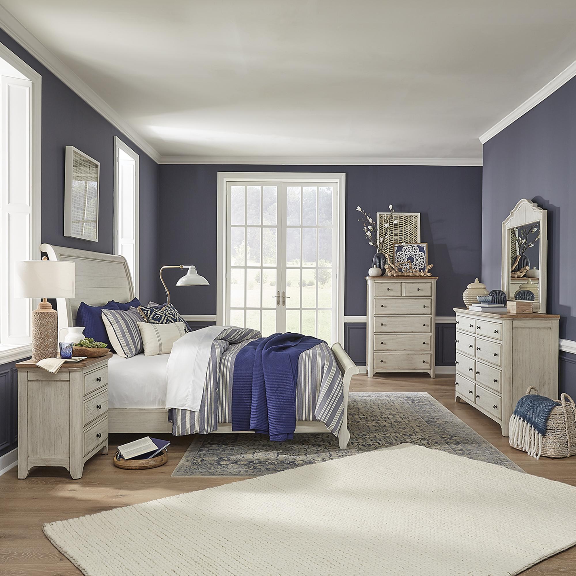 Farmhouse Reimagined Queen Sleigh Bed, Dresser & Mirror, Chest, Nightstand