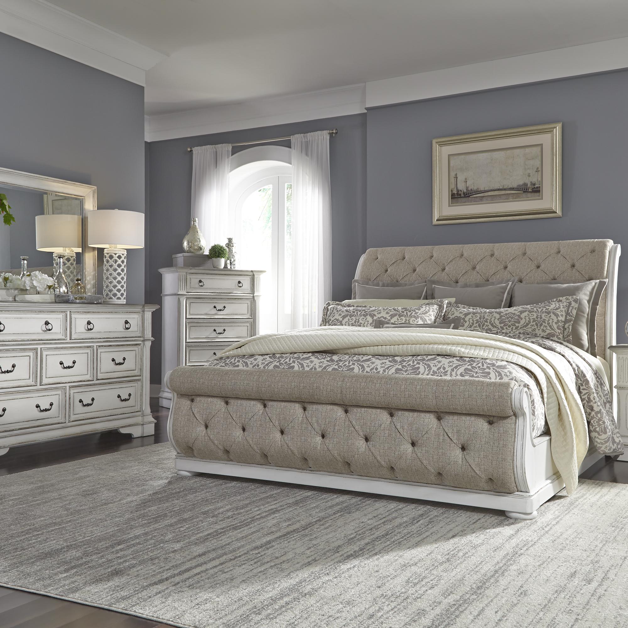 Abbey Park King Uph Sleigh Bed, Dresser & Mirror, Chest