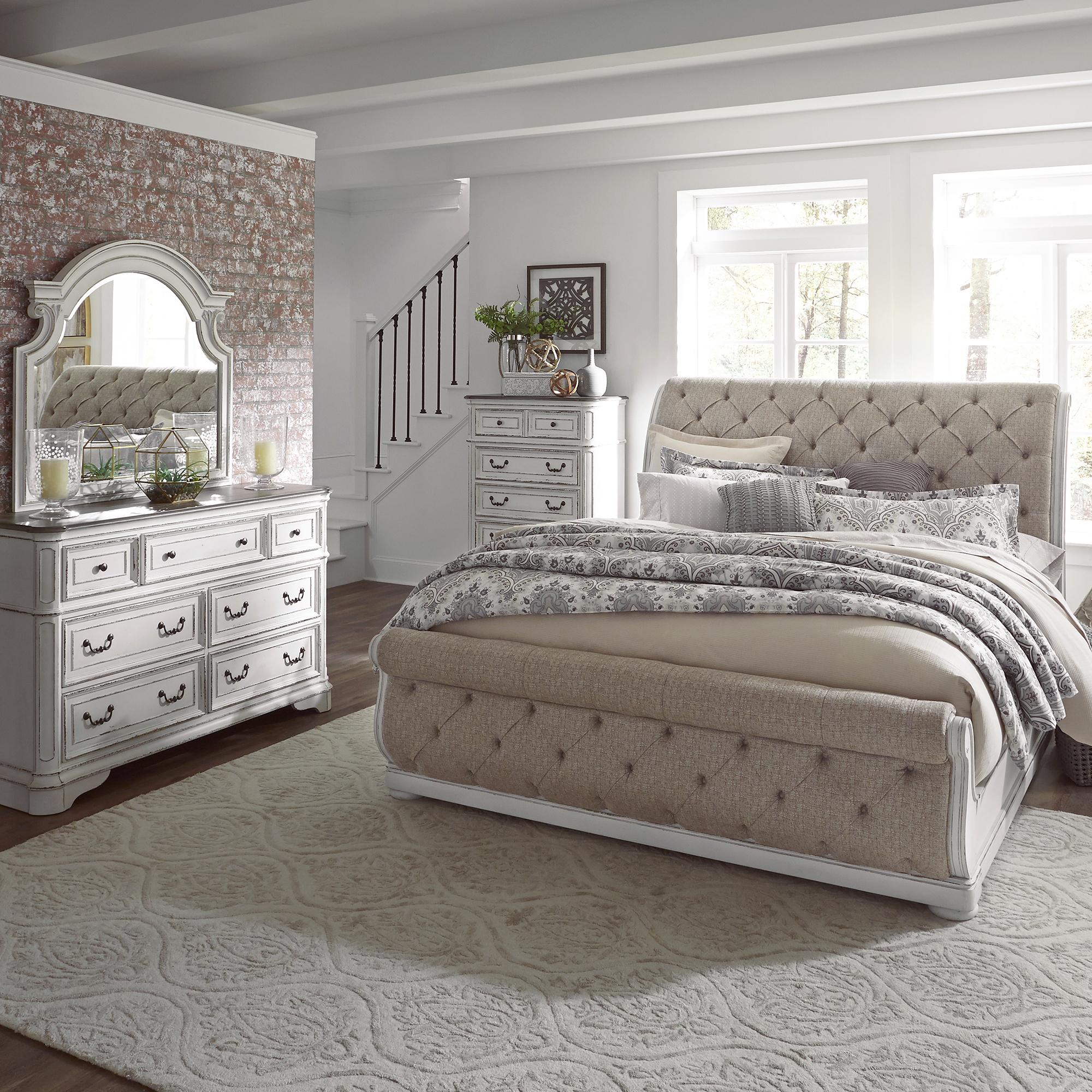 Magnolia Manor King Uph Sleigh Bed, Dresser & Mirror, Chest
