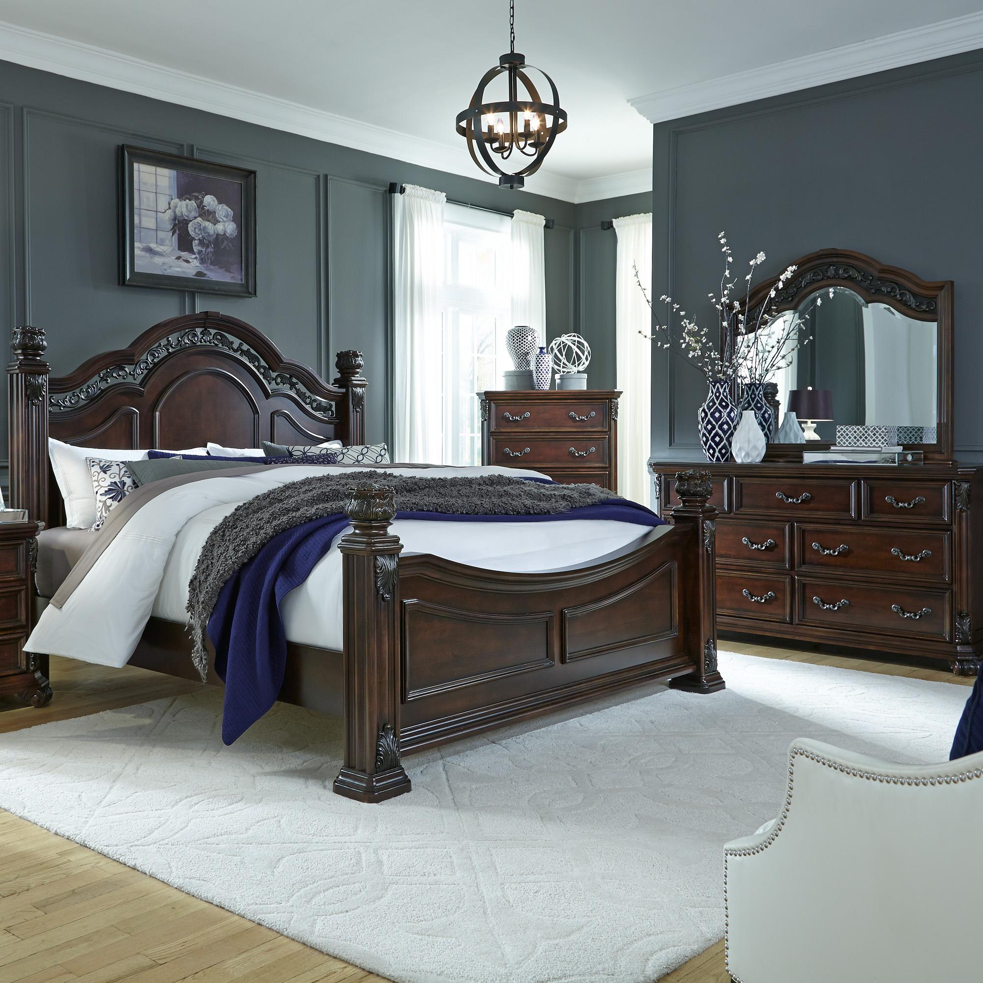 Messina Estates King Poster Bed, Dresser & Mirror, Chest image