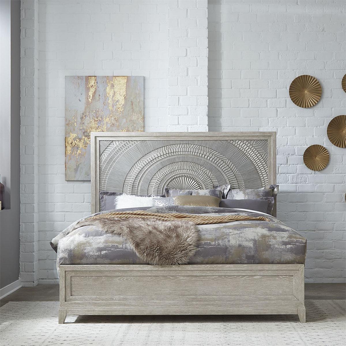 Liberty Furniture Belmar Queen Panel Bed in Washed Taupe and Silver Champagne