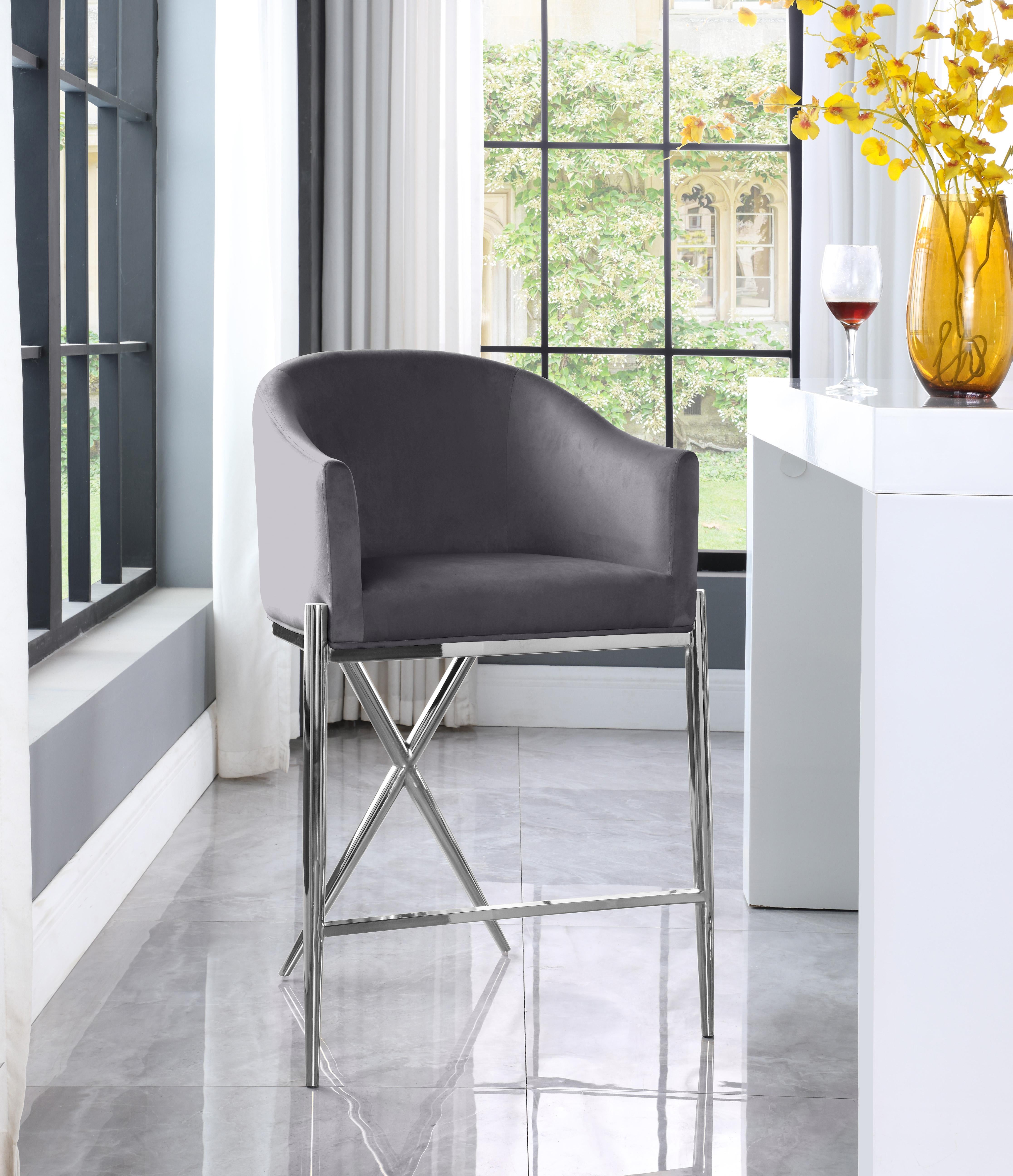 Grey velvet bar discount stools with chrome legs