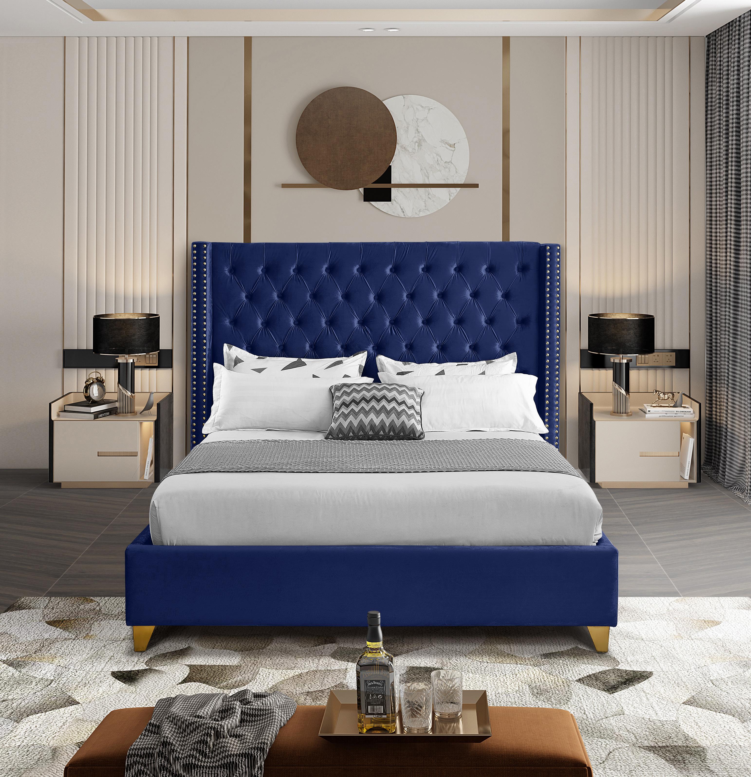 Barolo Navy Velvet Queen Bed - Luxury Home Furniture (MI)