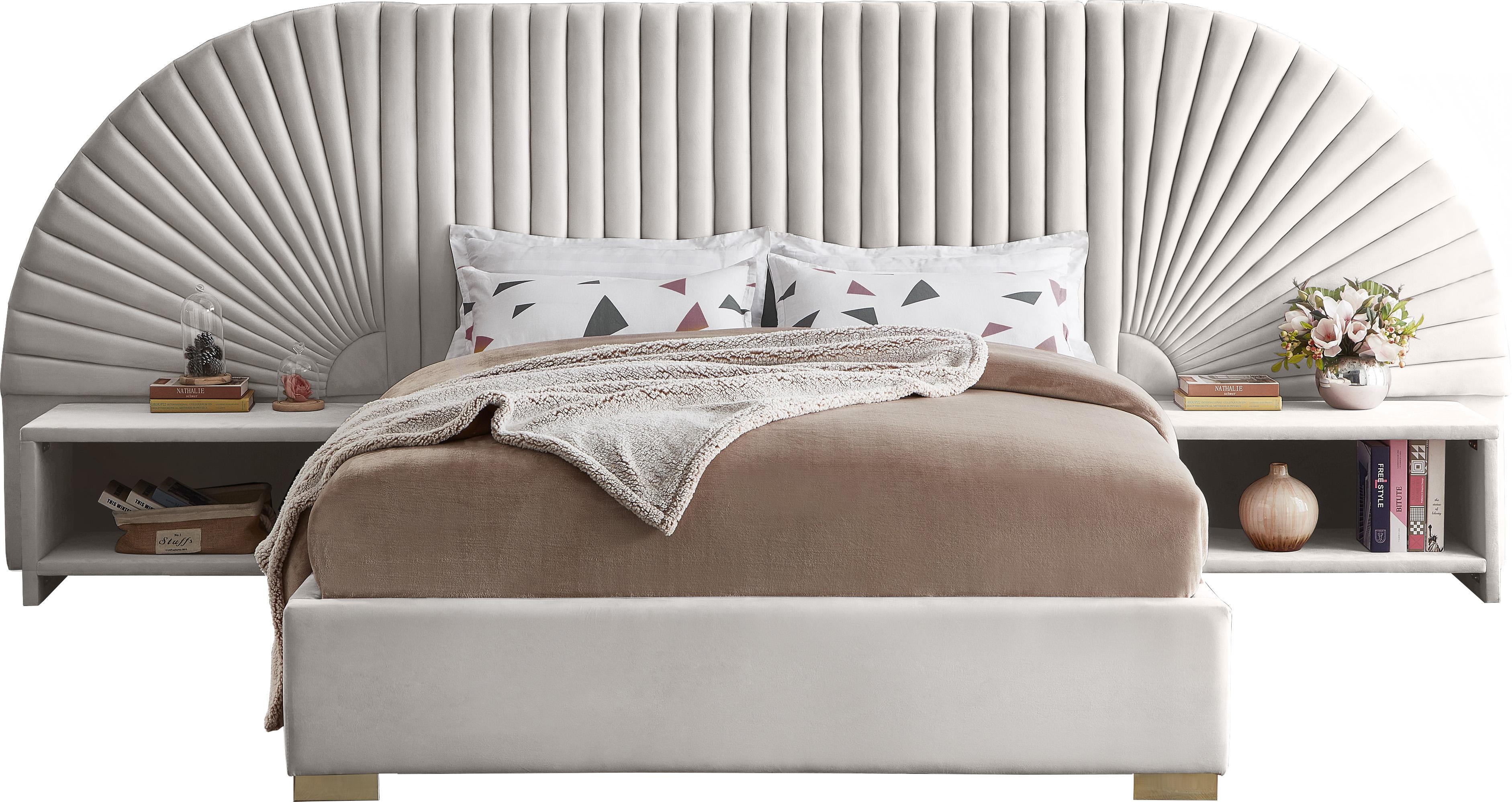 Cleo Cream Velvet Queen Bed (3 Boxes) - Luxury Home Furniture (MI)