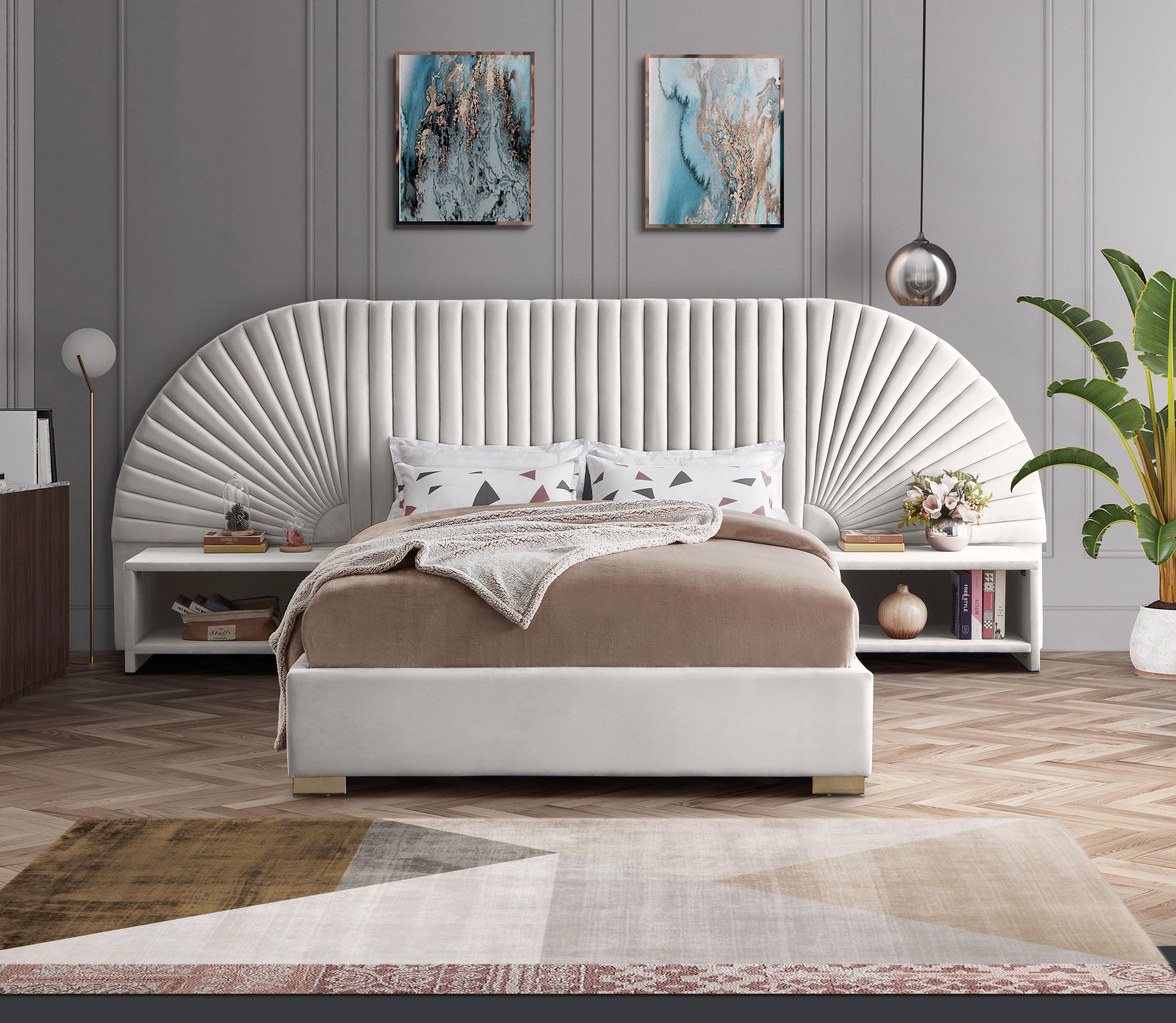 Cleo Cream Velvet Queen Bed (3 Boxes) - Luxury Home Furniture (MI)