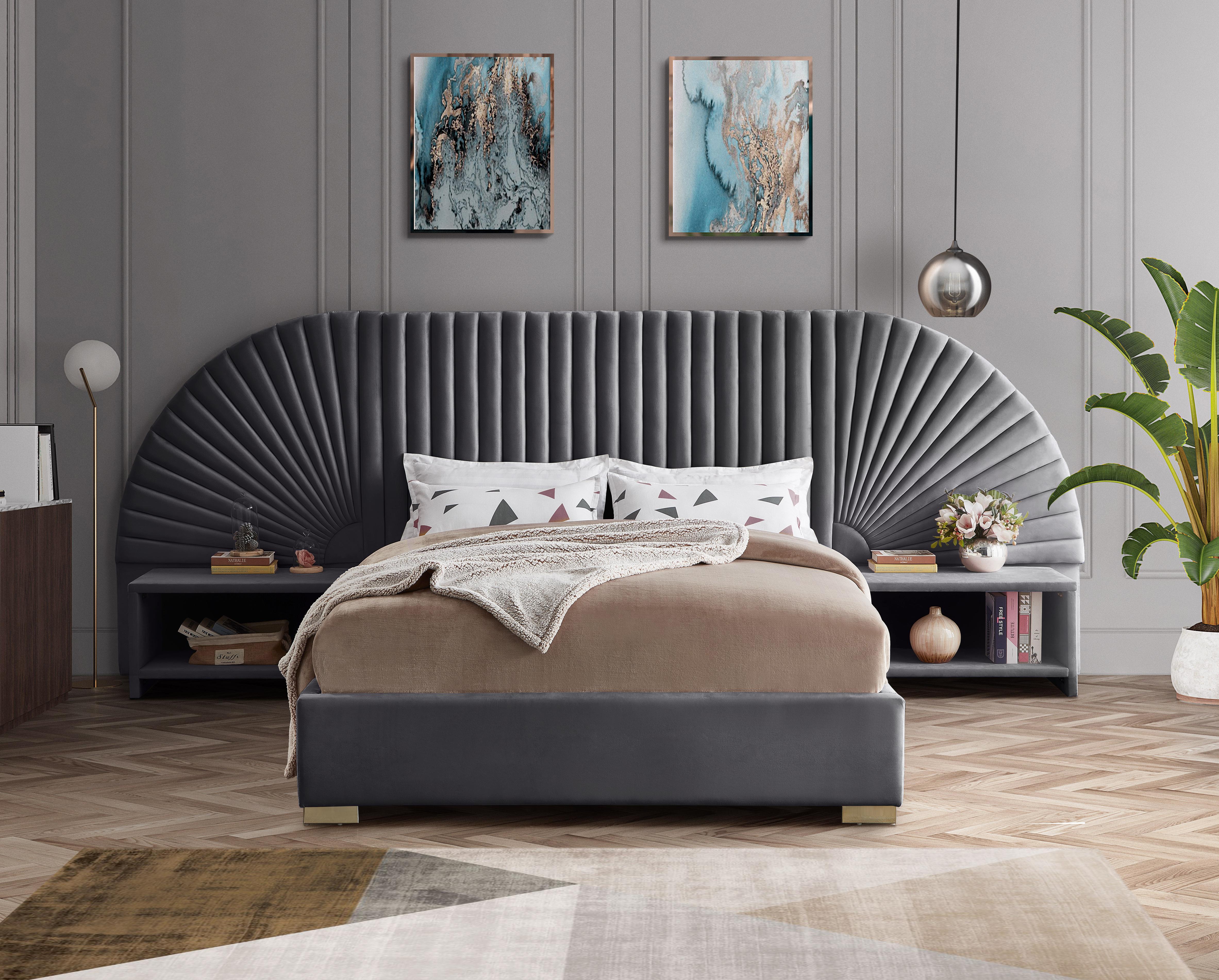 Cleo Grey Velvet Queen Bed (3 Boxes) - Luxury Home Furniture (MI)