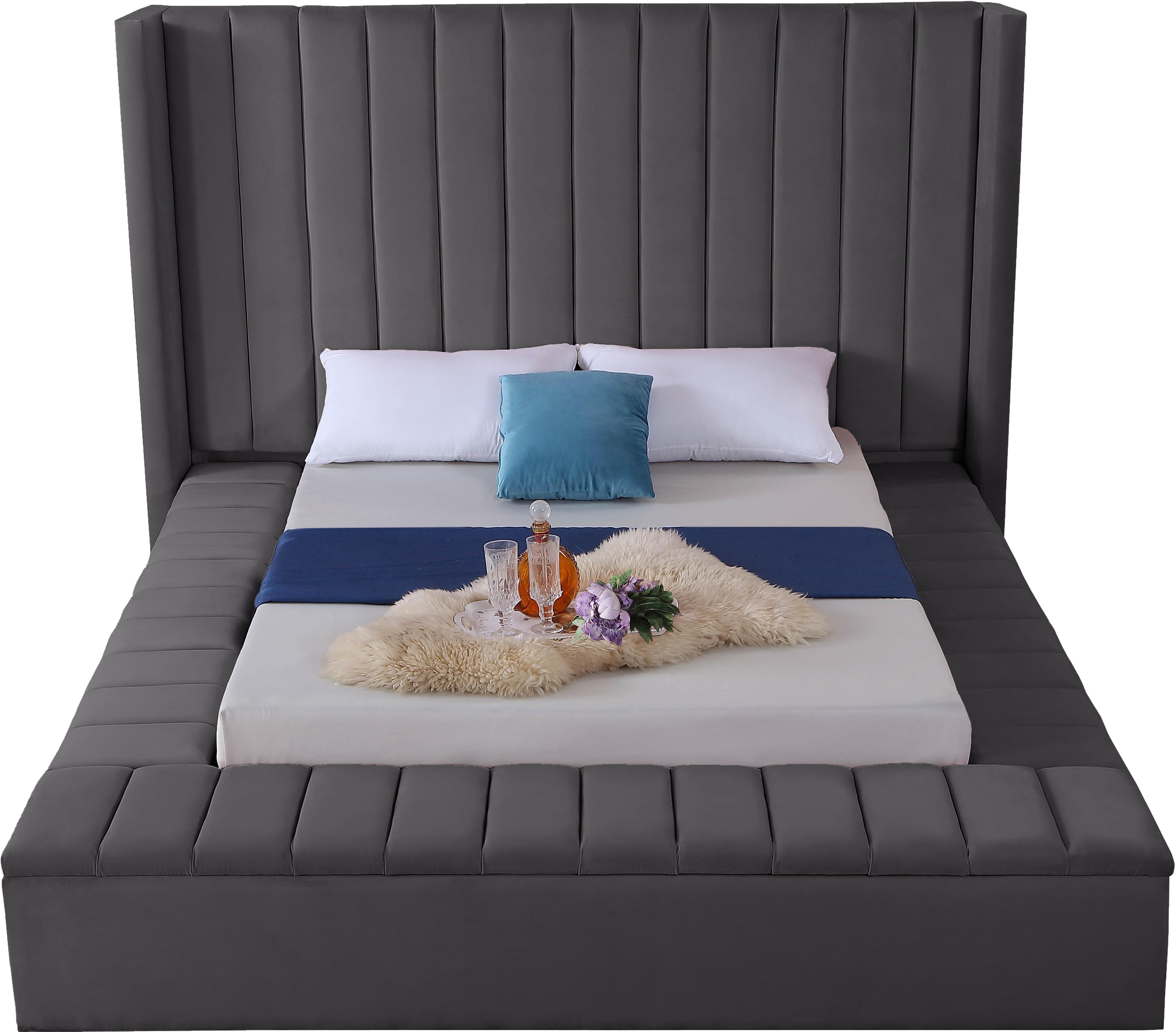 Kiki Grey Velvet Queen Bed (3 Boxes) - Luxury Home Furniture (MI)