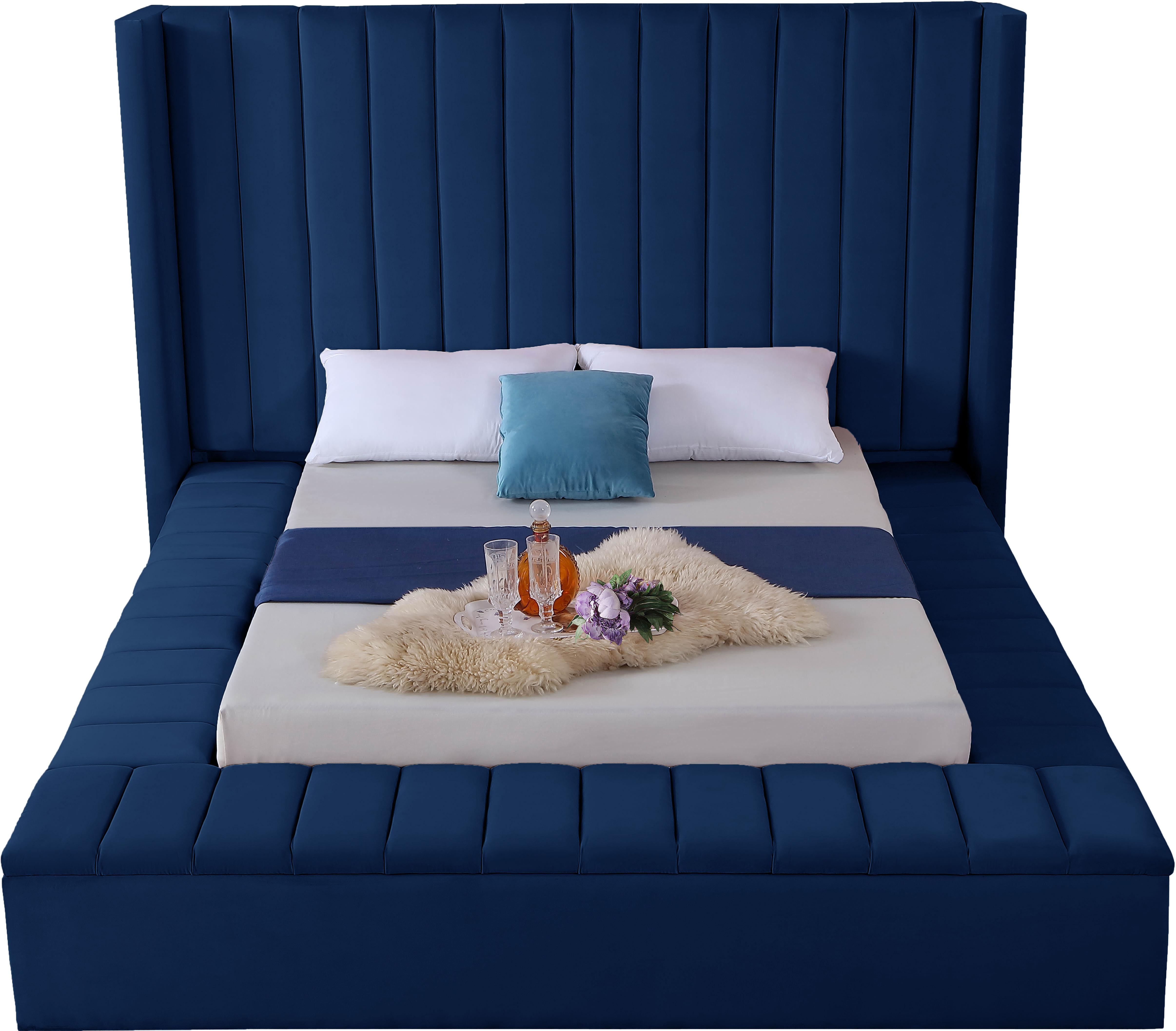 Kiki Navy Velvet Queen Bed (3 Boxes) - Luxury Home Furniture (MI)