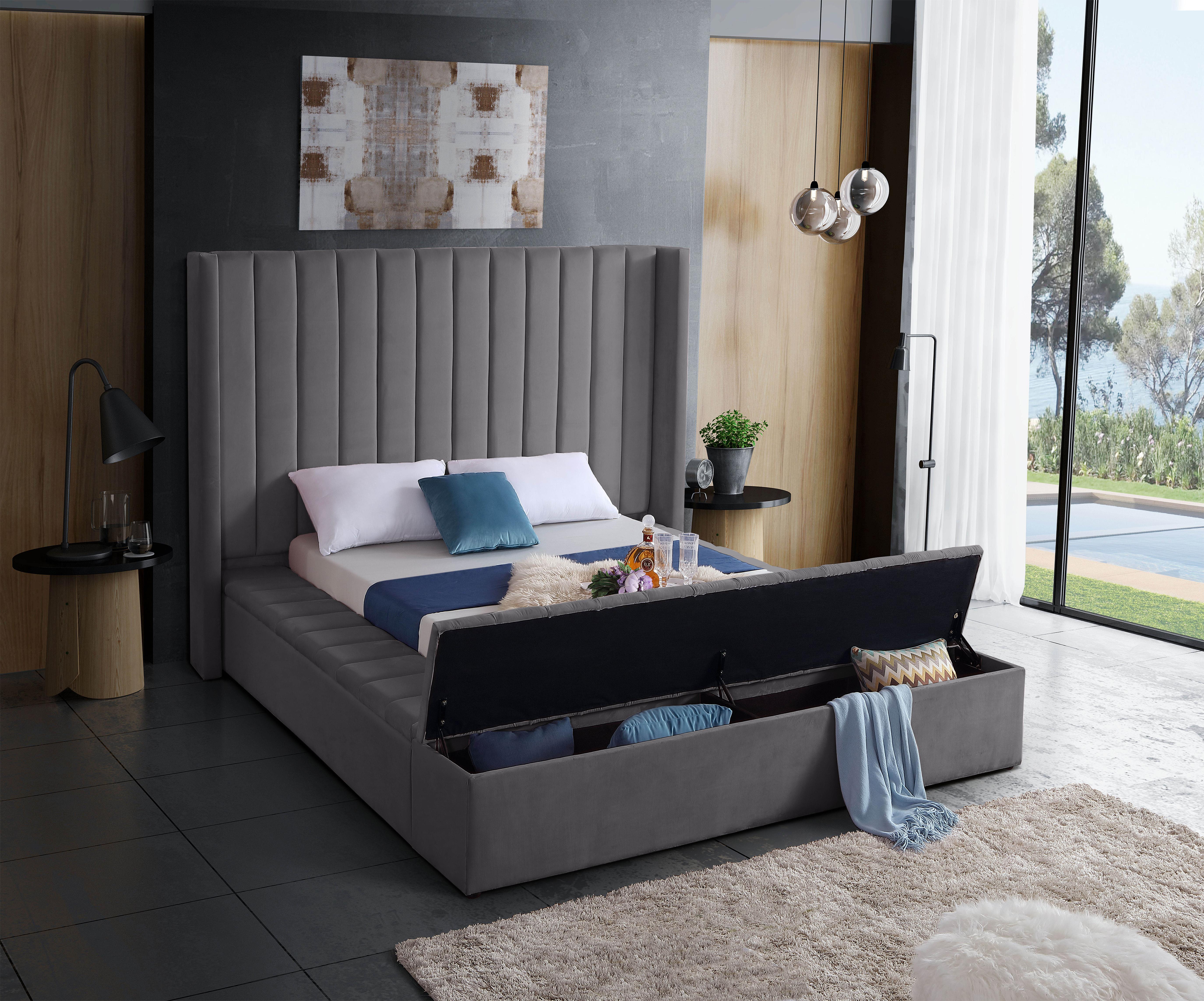 Kiki Grey Velvet Queen Bed (3 Boxes) - Luxury Home Furniture (MI)