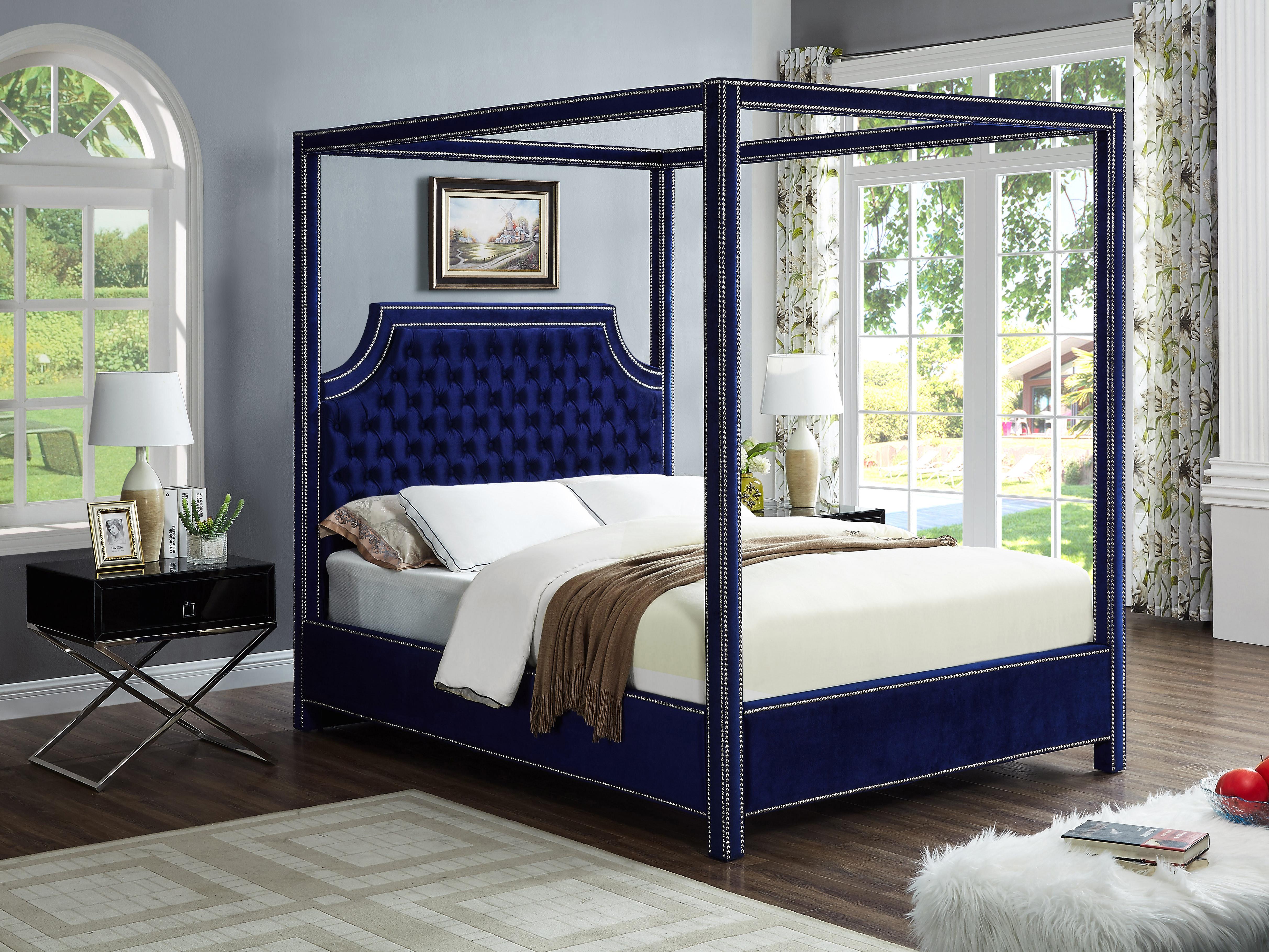 Rowan Navy Velvet Queen Bed (3 Boxes) - Luxury Home Furniture (MI)