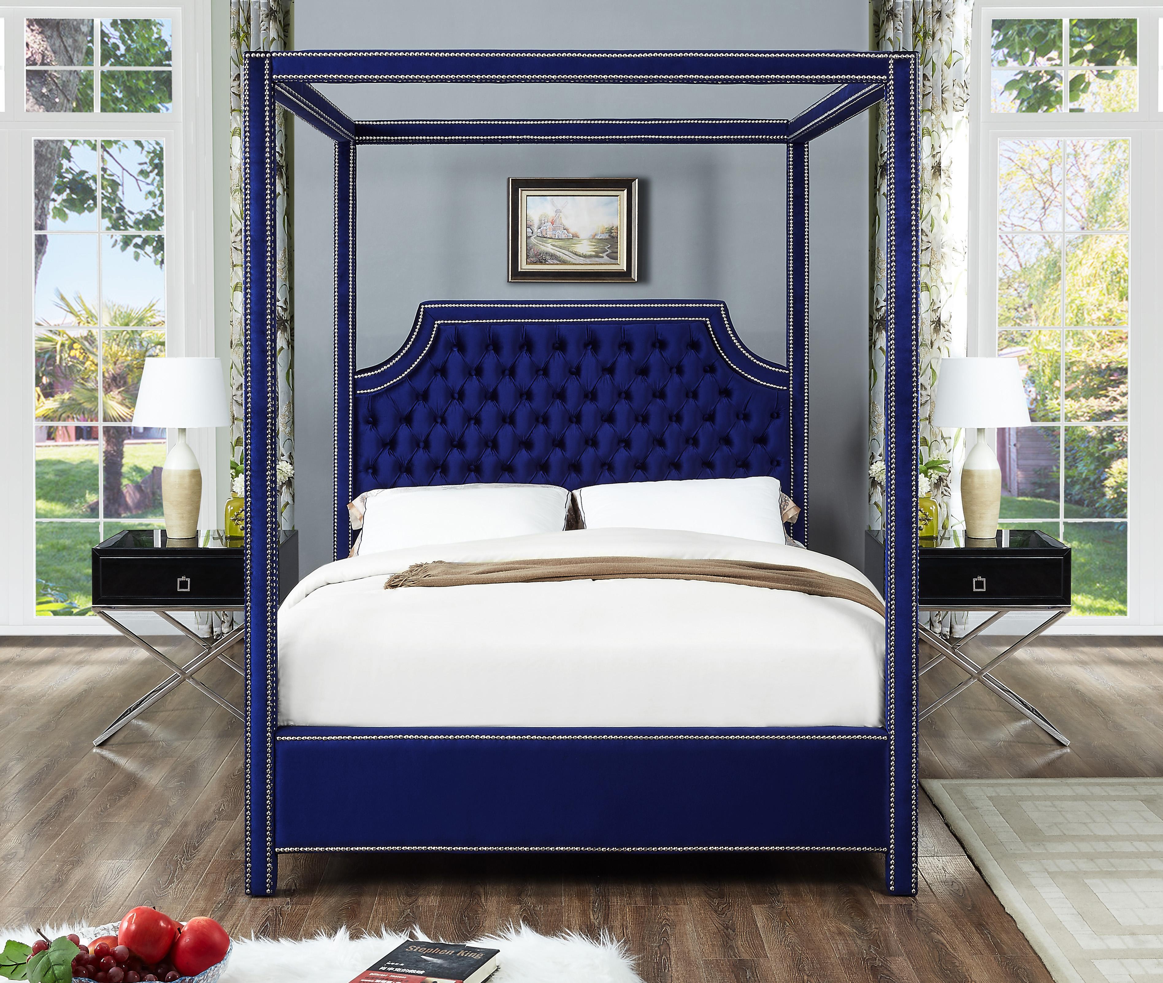 Rowan Navy Velvet Queen Bed (3 Boxes) - Luxury Home Furniture (MI)