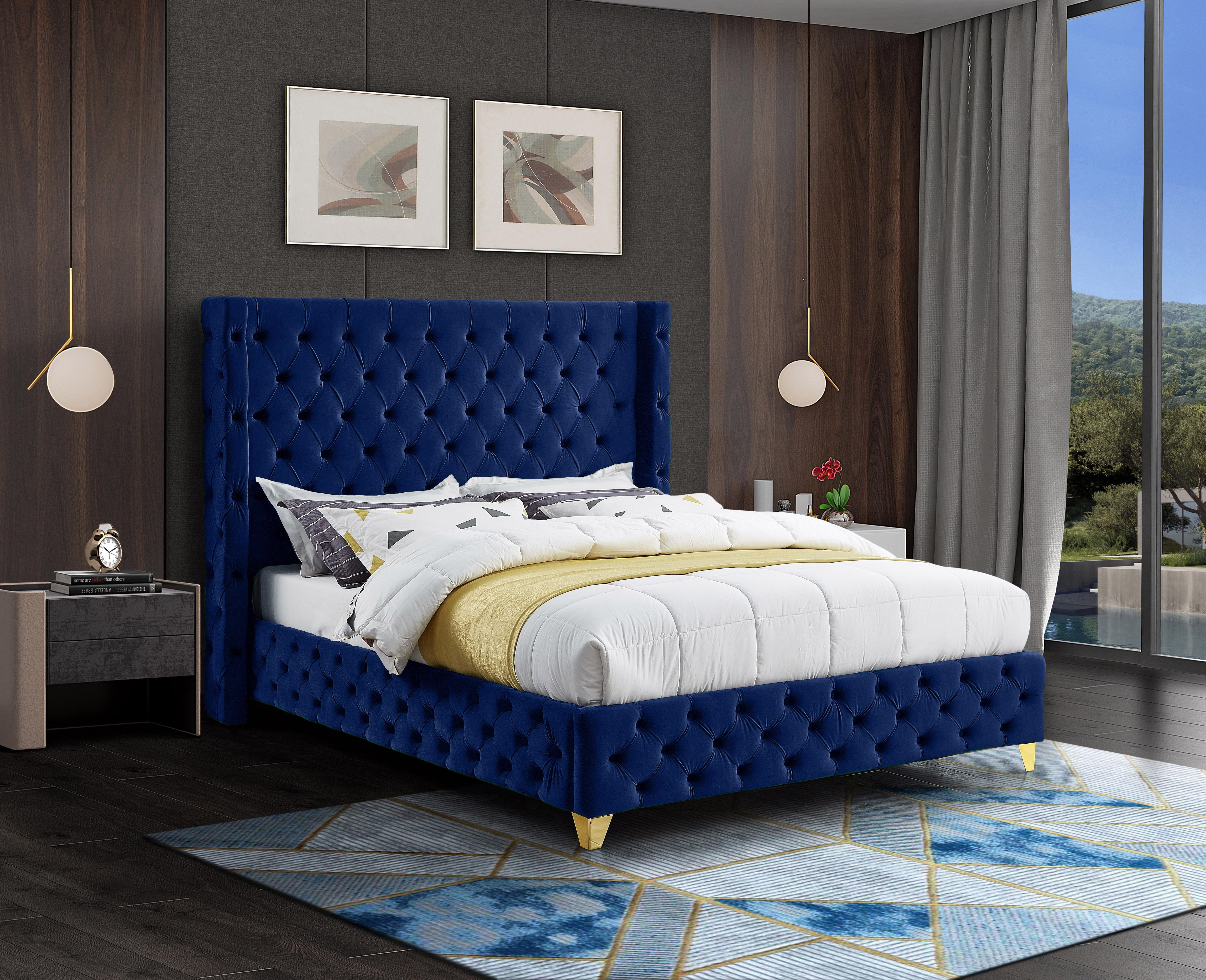 Savan Navy Velvet King Bed - Luxury Home Furniture (MI)