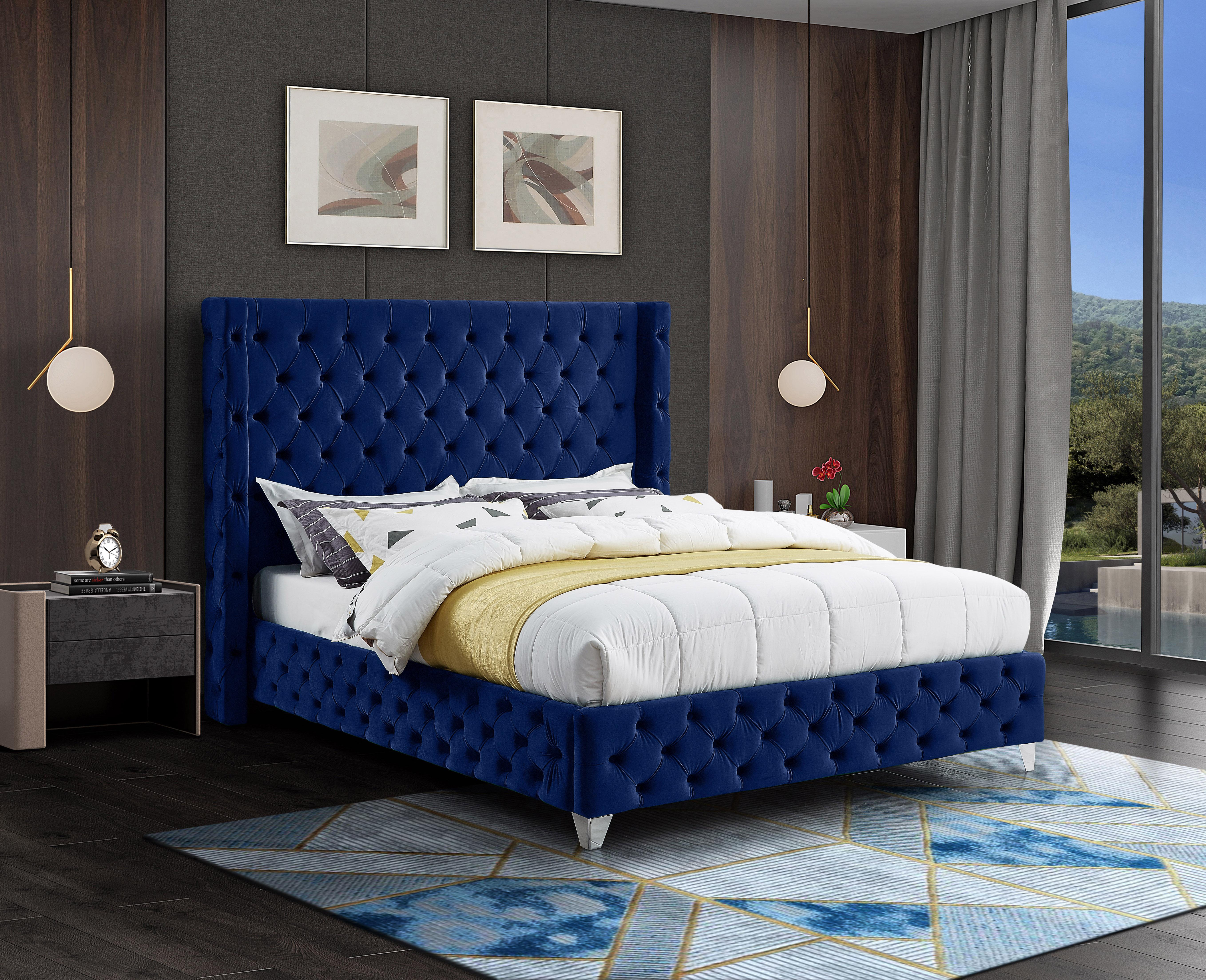 Savan Navy Velvet King Bed - Luxury Home Furniture (MI)