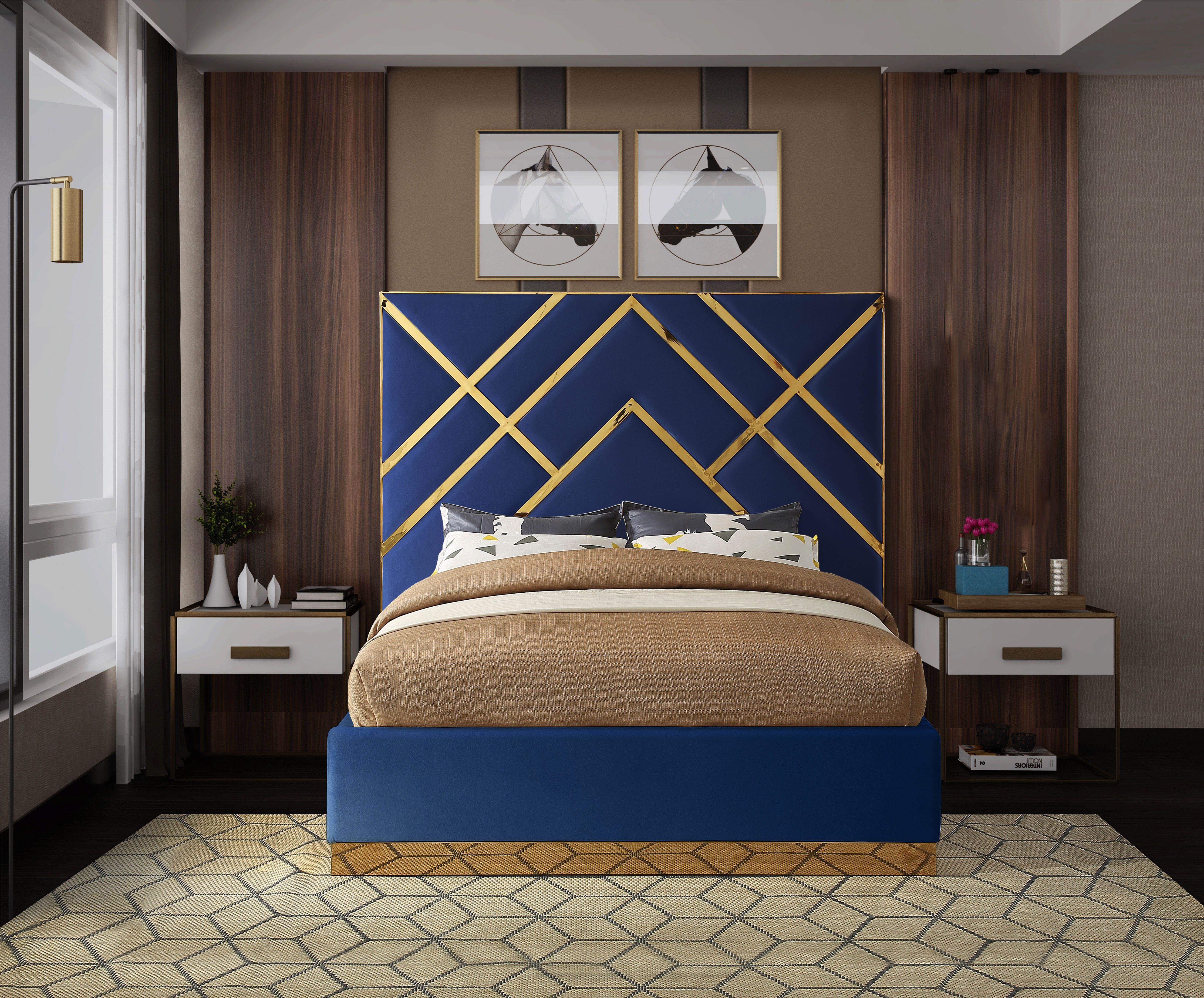 Vector Navy Velvet Queen Bed - Luxury Home Furniture (MI)